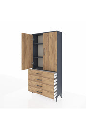 Arges Dolap 3 Raflı 4 Çekmeceli 2 Kapaklı 88x30x182 Antrasit-Çam