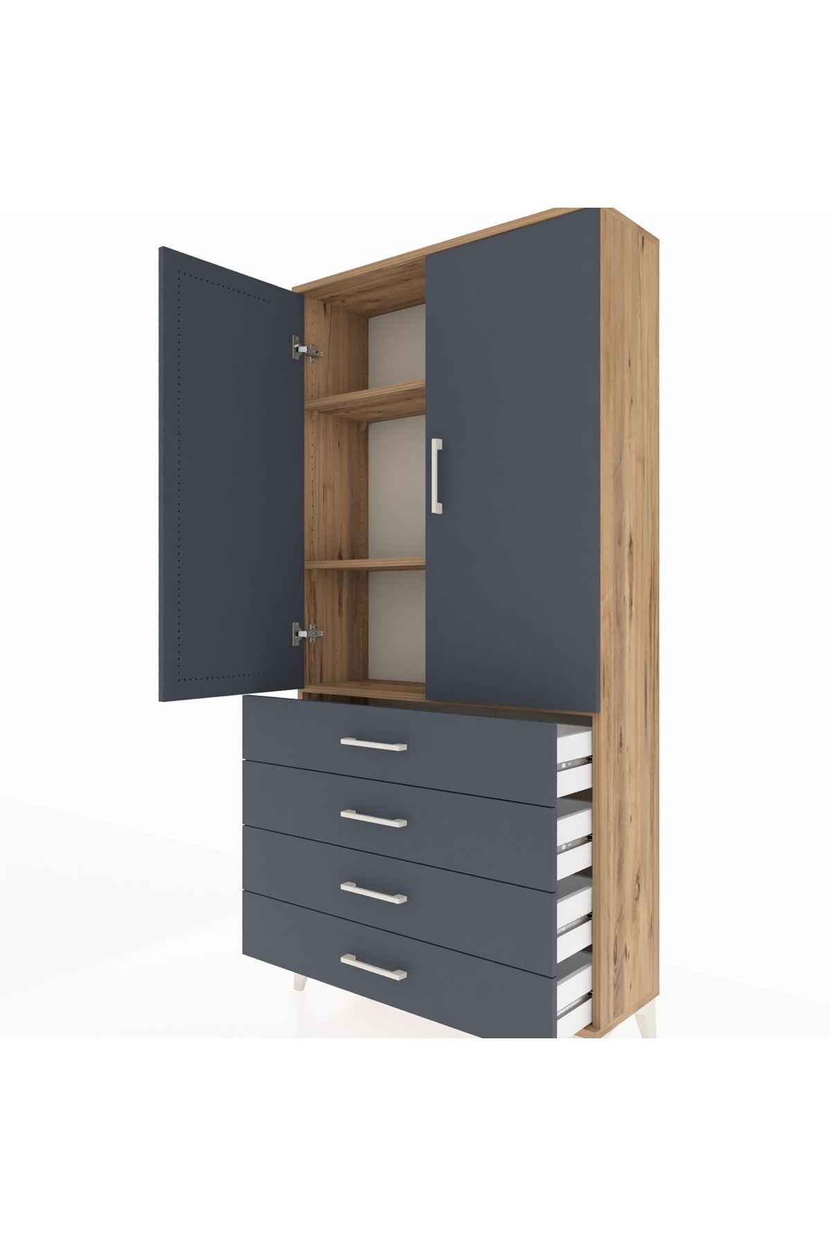 Arges Dolap 3 Raflı 4 Çekmeceli 2 Kapaklı 88x30x182 Çam-Antrasit