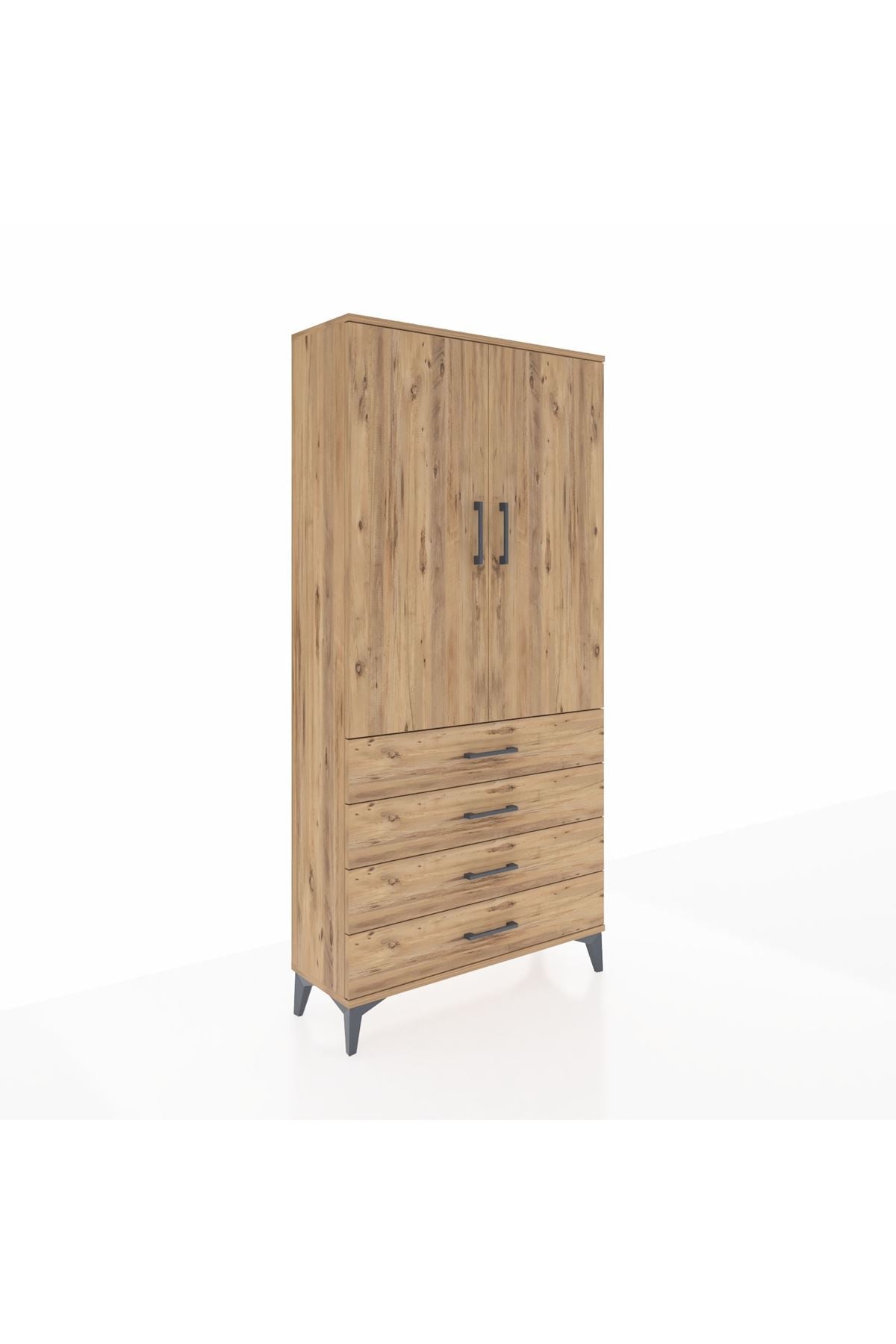 Arges Dolap 3 Raflı 4 Çekmeceli 2 Kapaklı 88x30x182 Çam-Çam