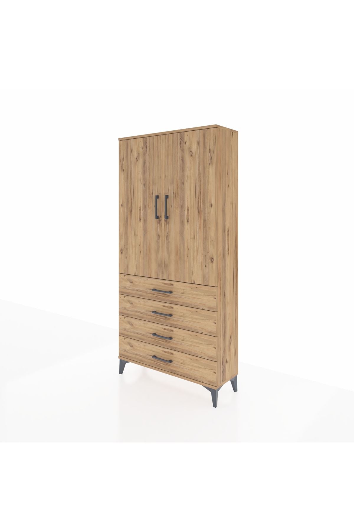 Arges Dolap 3 Raflı 4 Çekmeceli 2 Kapaklı 88x30x182 Çam-Çam