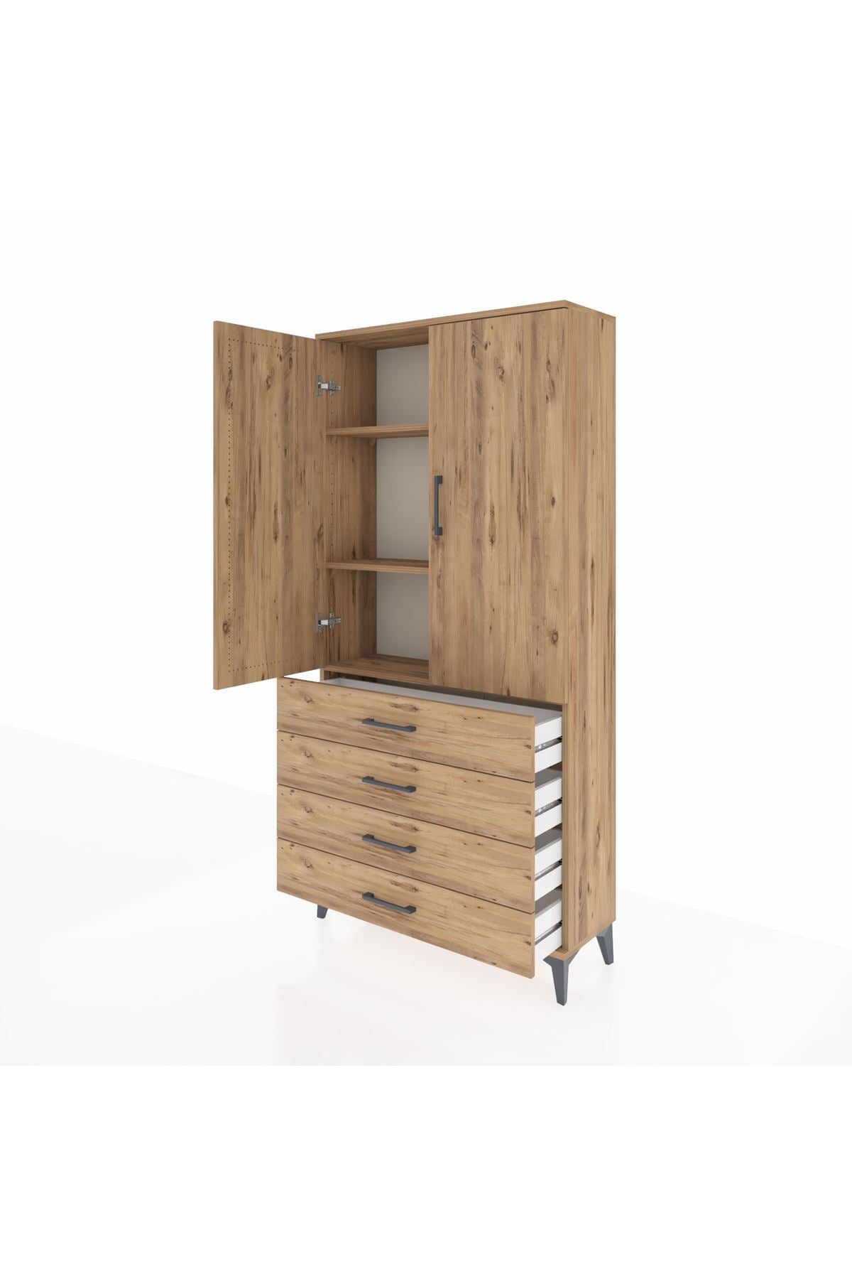 Arges Dolap 3 Raflı 4 Çekmeceli 2 Kapaklı 88x30x182 Çam-Çam