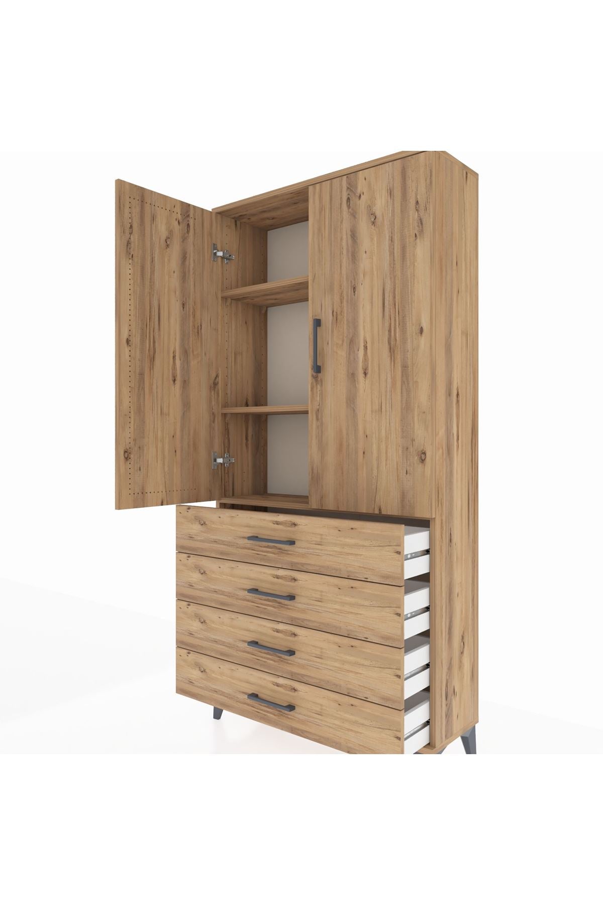 Arges Dolap 3 Raflı 4 Çekmeceli 2 Kapaklı 88x30x182 Çam-Çam