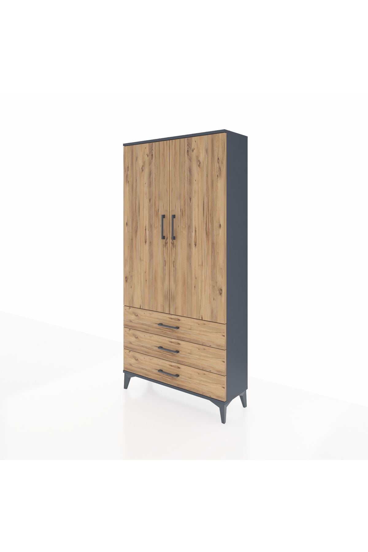 Arges Dolap 3 Raflı 3 Çekmeceli 2 Kapaklı 88x30x182 Antrasit-Çam