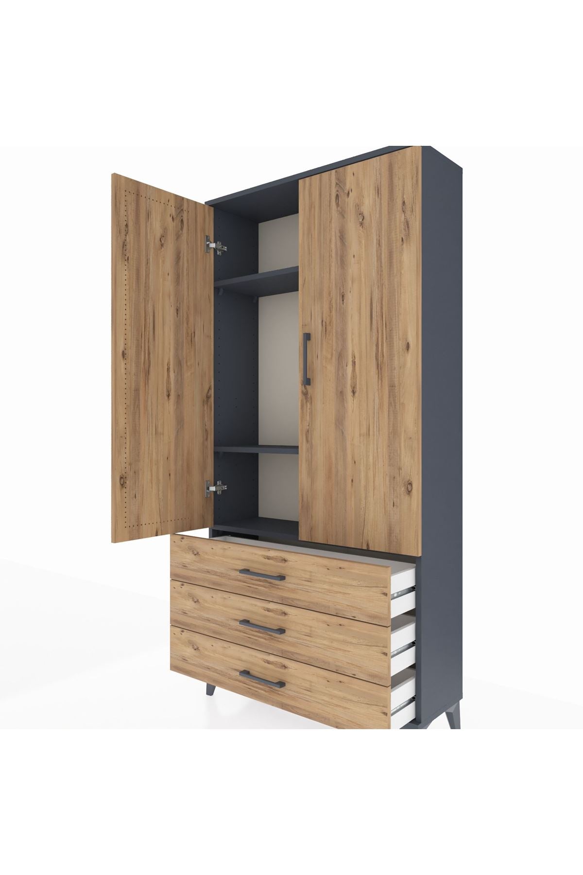 Arges Dolap 3 Raflı 3 Çekmeceli 2 Kapaklı 88x30x182 Antrasit-Çam