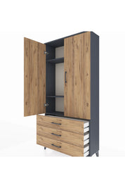 Arges Dolap 3 Raflı 3 Çekmeceli 2 Kapaklı 88x30x182 Antrasit-Çam