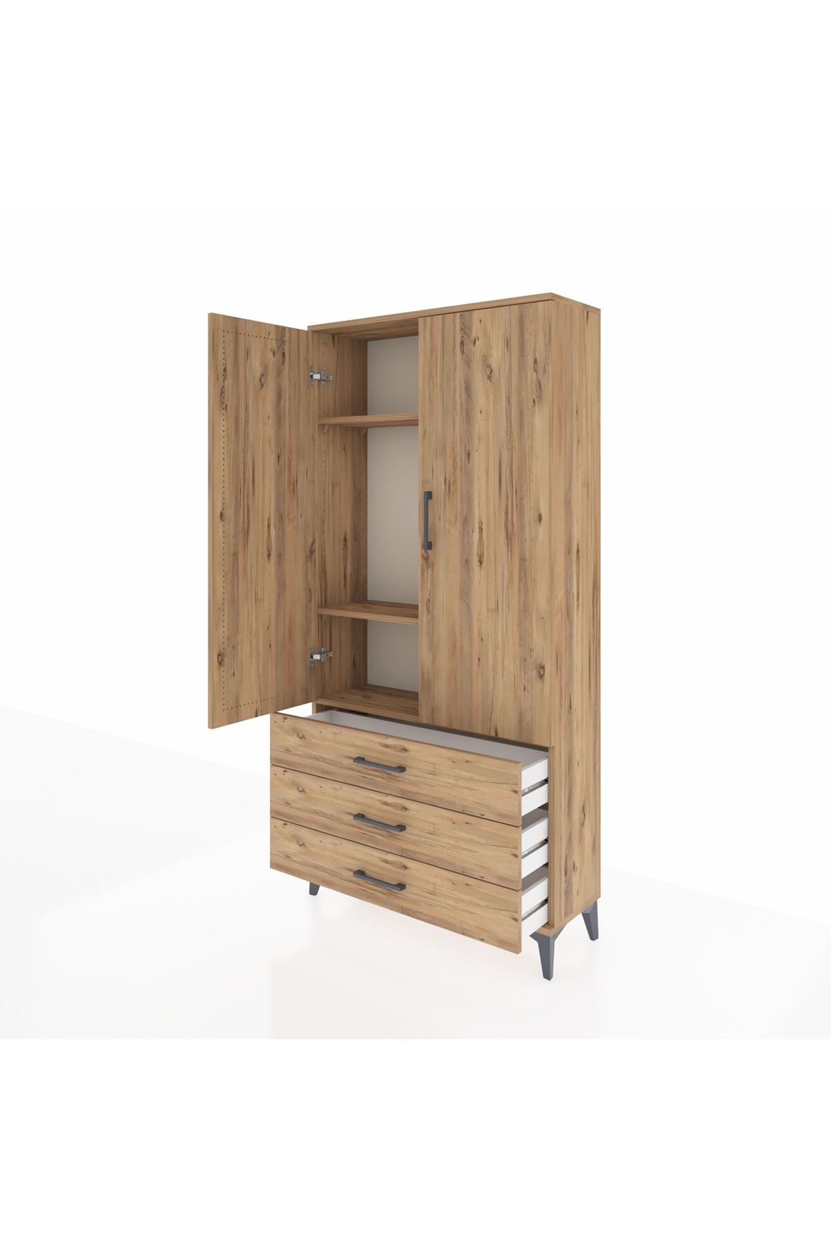 Arges Dolap 3 Raflı 3 Çekmeceli 2 Kapaklı 88x30x182 Çam-Çam