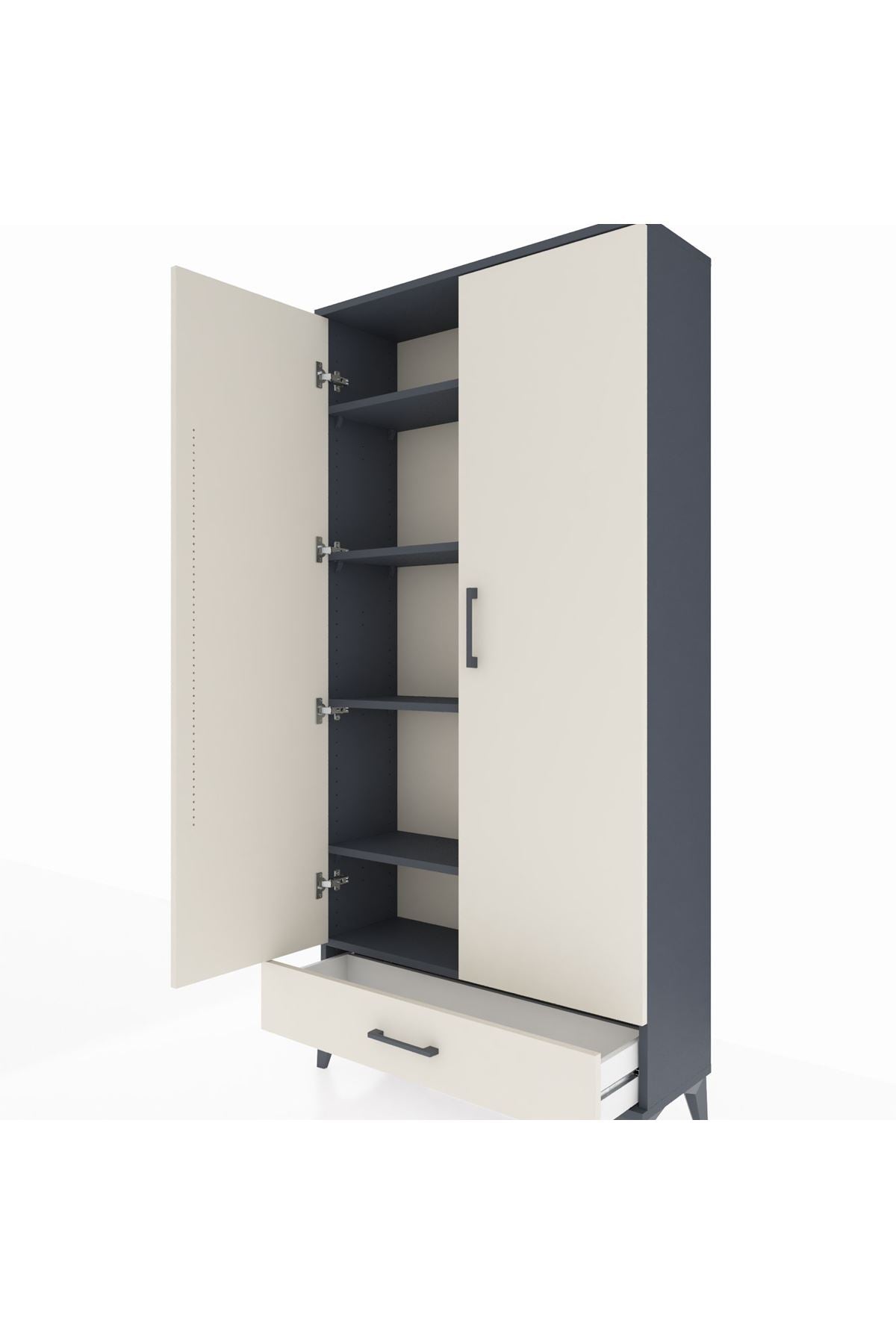 Arges Dolap 5 Raflı Tek Çekmeceli 2 Kapaklı 88x30x182 Antrasit-Aytaşı