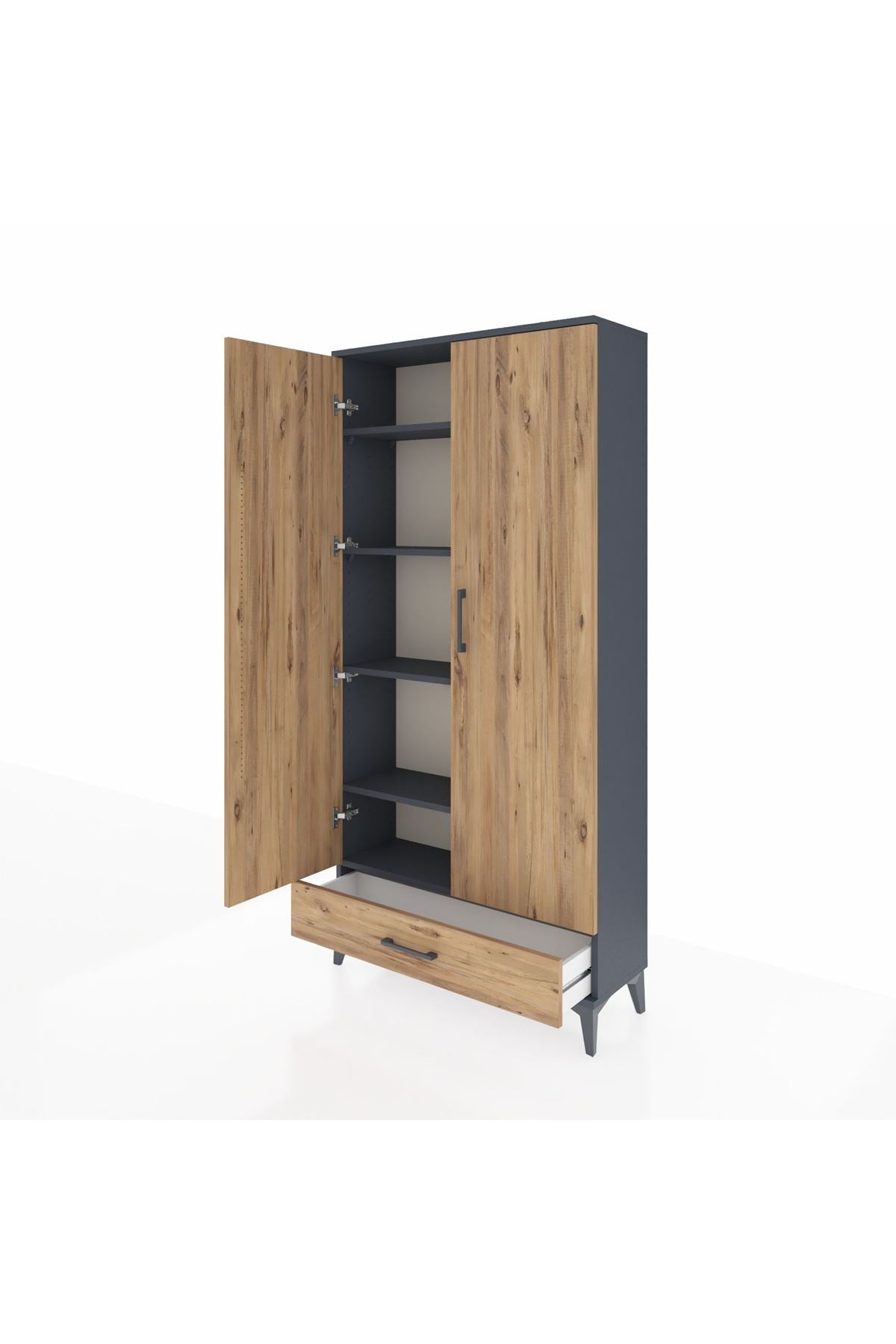 Arges Dolap 5 Raflı Tek Çekmeceli 2 Kapaklı 88x30x182 Antrasit-Çam