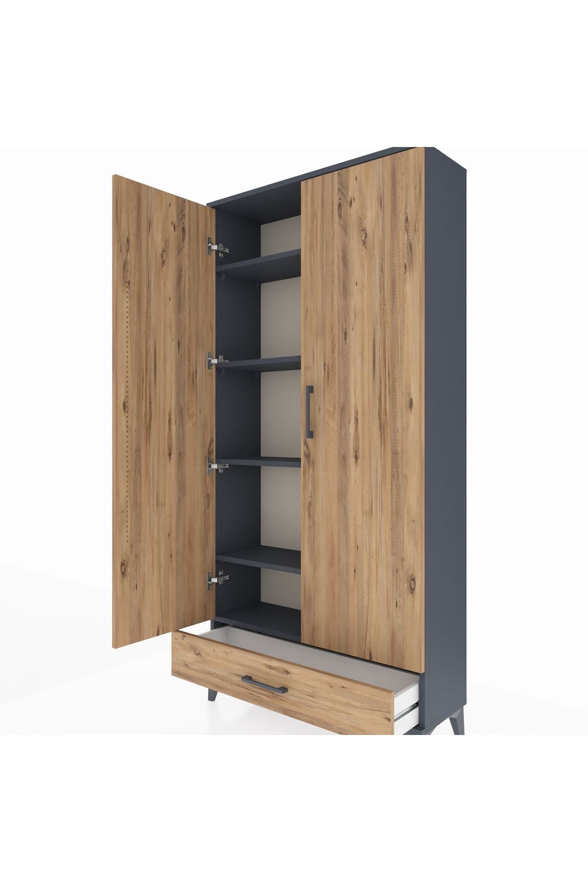 Arges Dolap 5 Raflı Tek Çekmeceli 2 Kapaklı 88x30x182 Antrasit-Çam