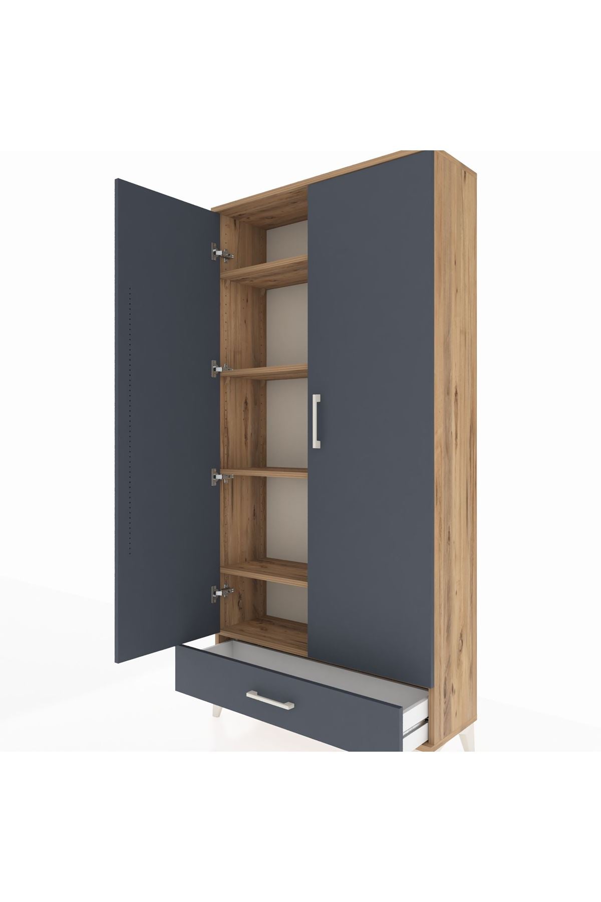 Arges Dolap 5 Raflı Tek Çekmeceli 2 Kapaklı 88x30x182 Çam-Antrasit