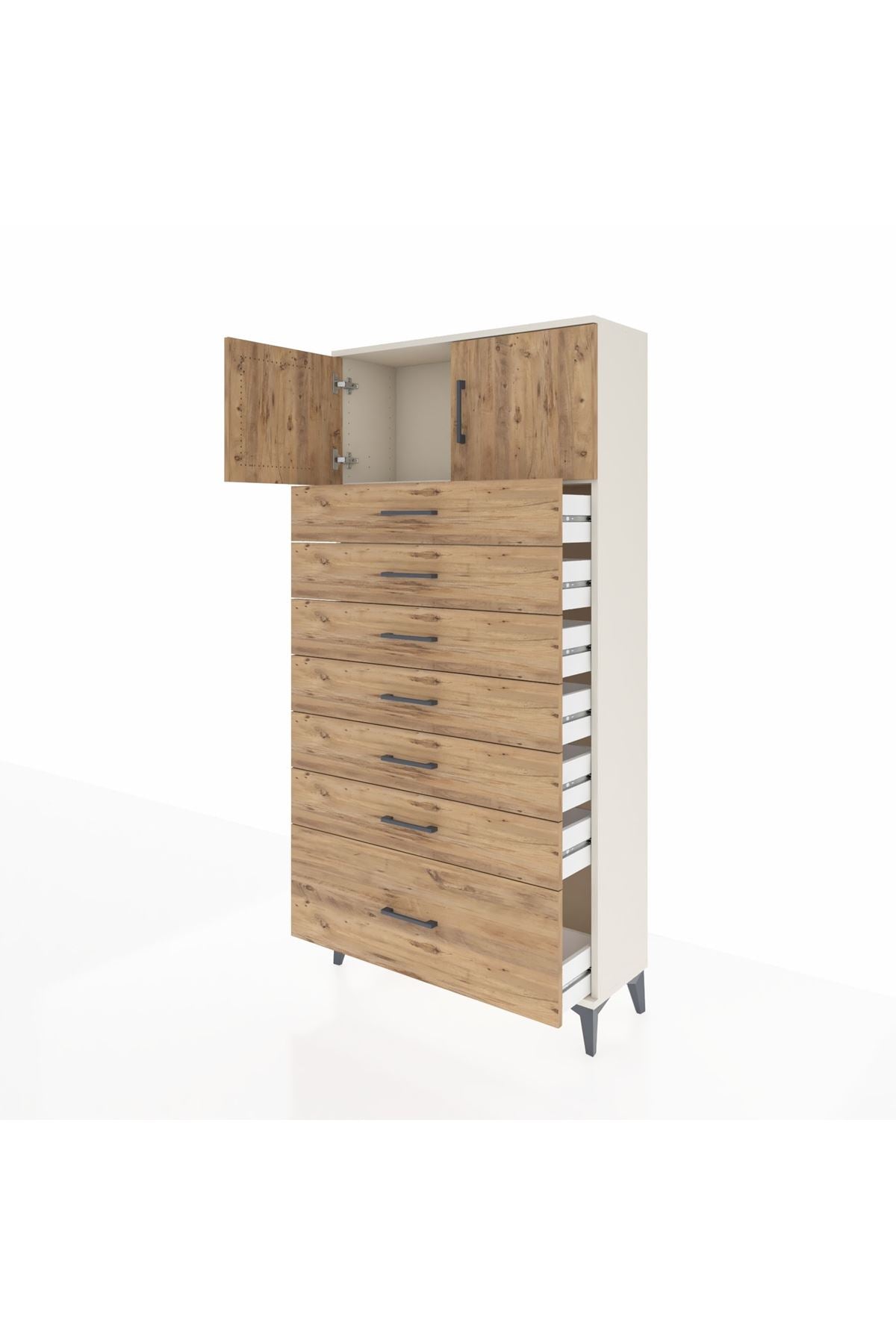 Arges Dolap Tek Raflı 7 Çekmeceli 2 Kapaklı 88x30x182 Aytaşı-Çam