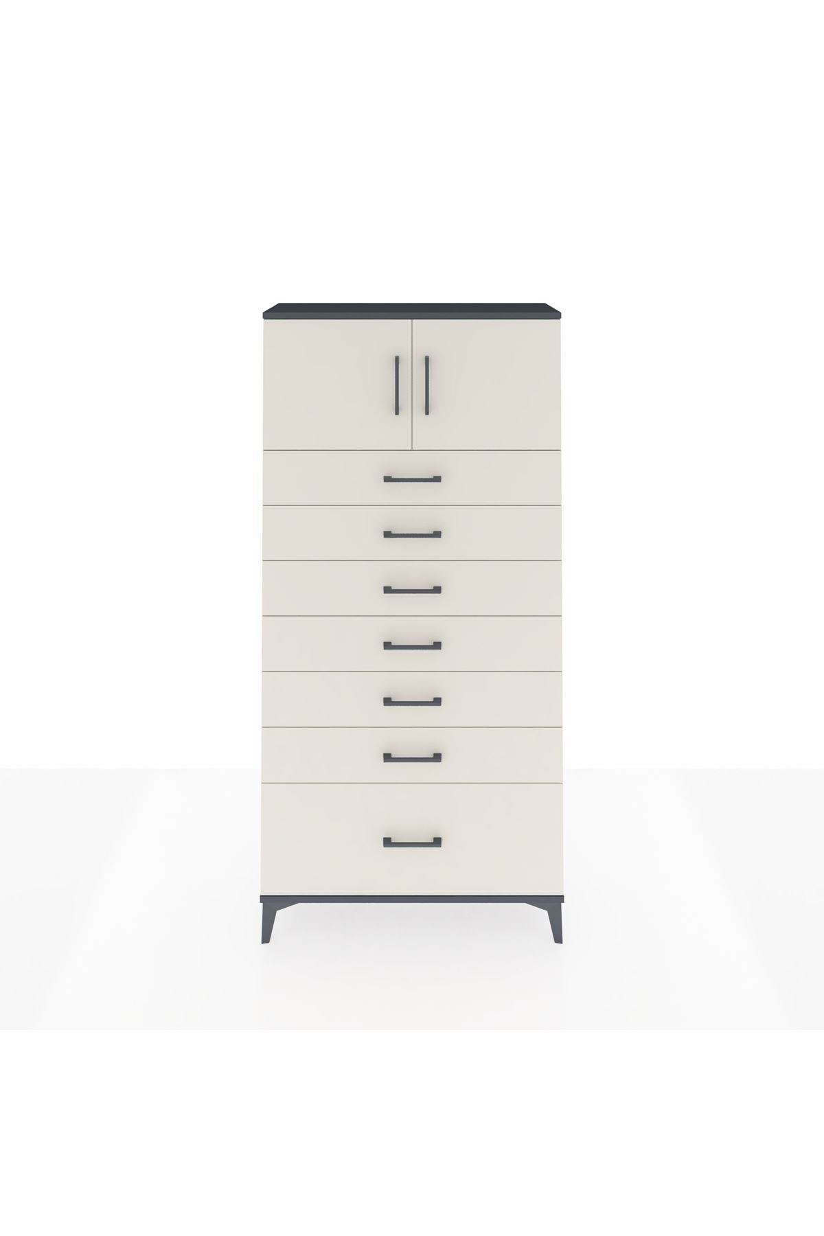 Arges Dolap Tek Raflı 7 Çekmeceli 2 Kapaklı 88x30x182 Antrasit-Aytaşı