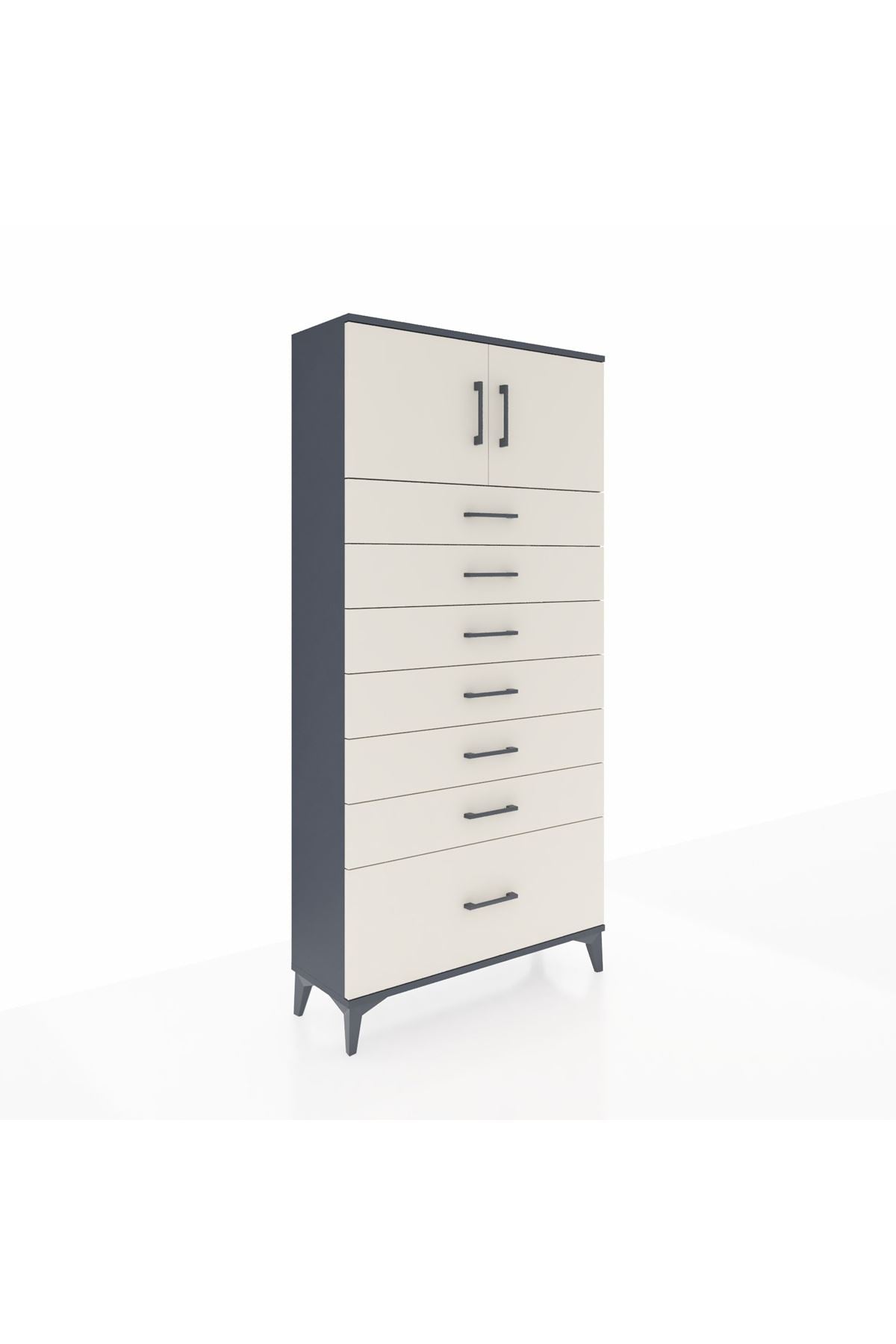 Arges Dolap Tek Raflı 7 Çekmeceli 2 Kapaklı 88x30x182 Antrasit-Aytaşı