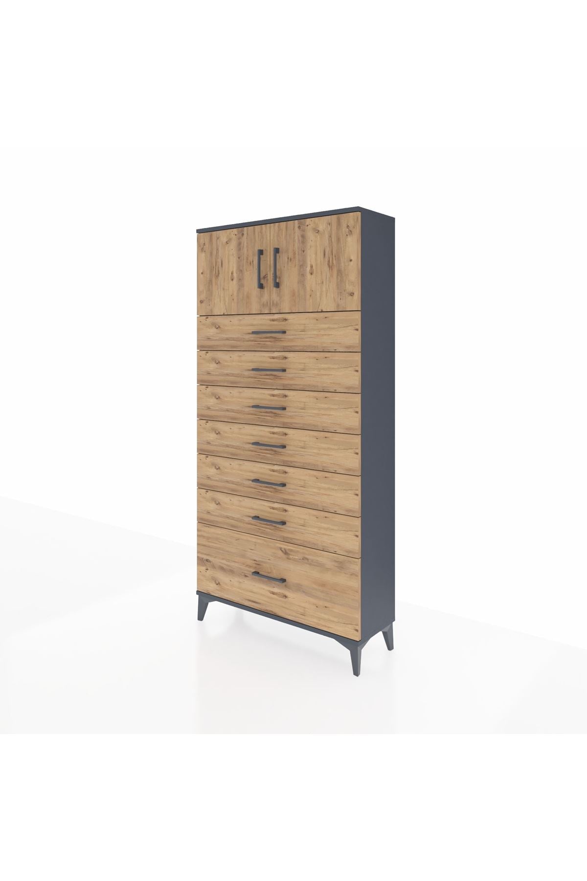 Arges Dolap Tek Raflı 7 Çekmeceli 2 Kapaklı 88x30x182 Antrasit-Çam