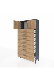 Arges Dolap Tek Raflı 7 Çekmeceli 2 Kapaklı 88x30x182 Antrasit-Çam