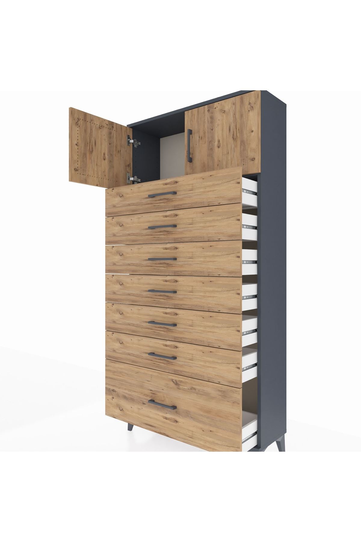 Arges Dolap Tek Raflı 7 Çekmeceli 2 Kapaklı 88x30x182 Antrasit-Çam