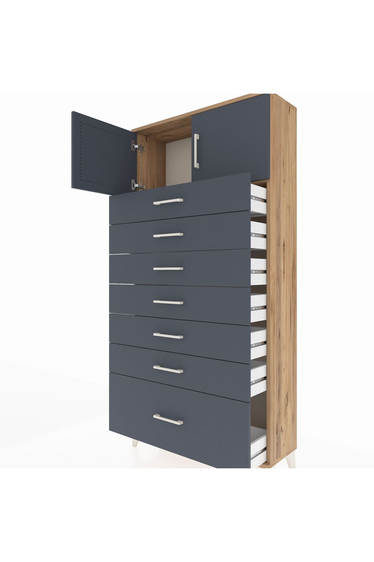 Arges Dolap Tek Raflı 7 Çekmeceli 2 Kapaklı 88x30x182 Çam-Antrasit