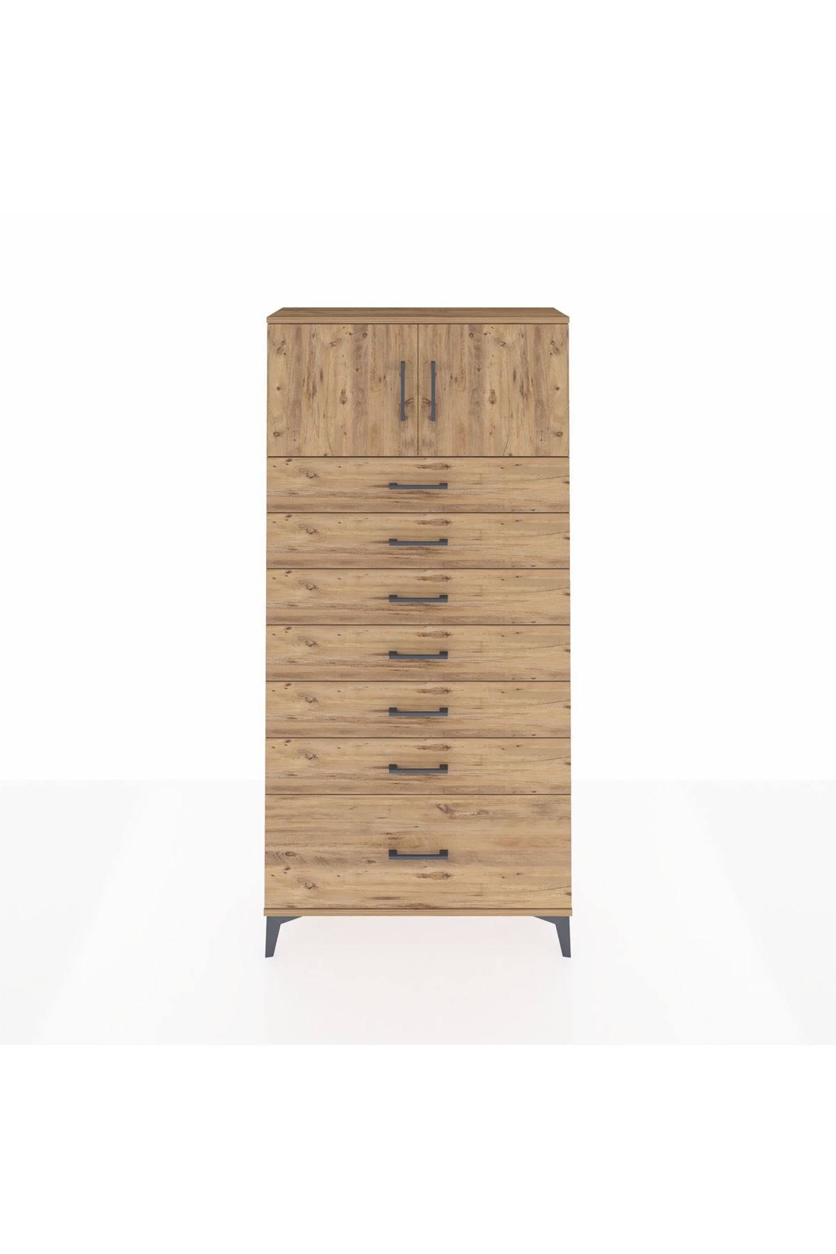 Arges Dolap Tek Raflı 7 Çekmeceli 2 Kapaklı 88x30x182 Çam-Çam