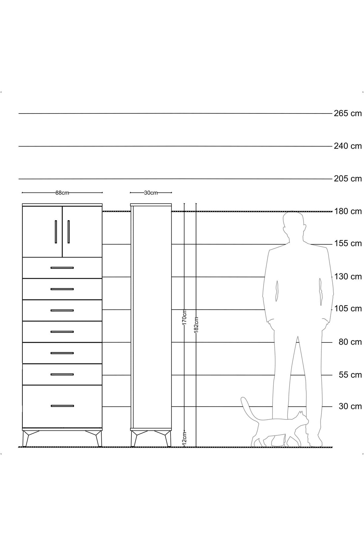 Arges Dolap Tek Raflı 7 Çekmeceli 2 Kapaklı 88x30x182 Çam-Antrasit