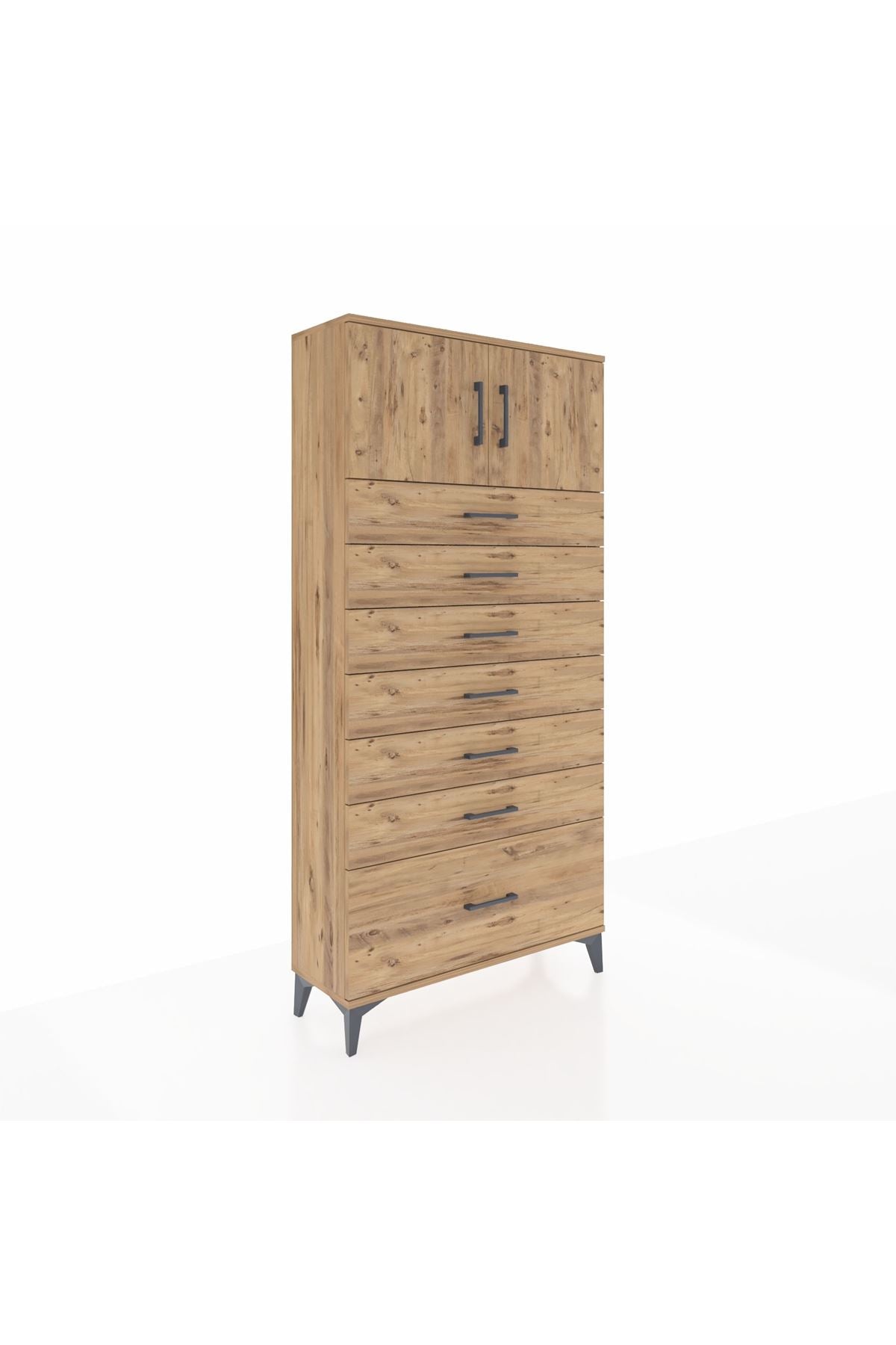 Arges Dolap Tek Raflı 7 Çekmeceli 2 Kapaklı 88x30x182 Çam-Çam