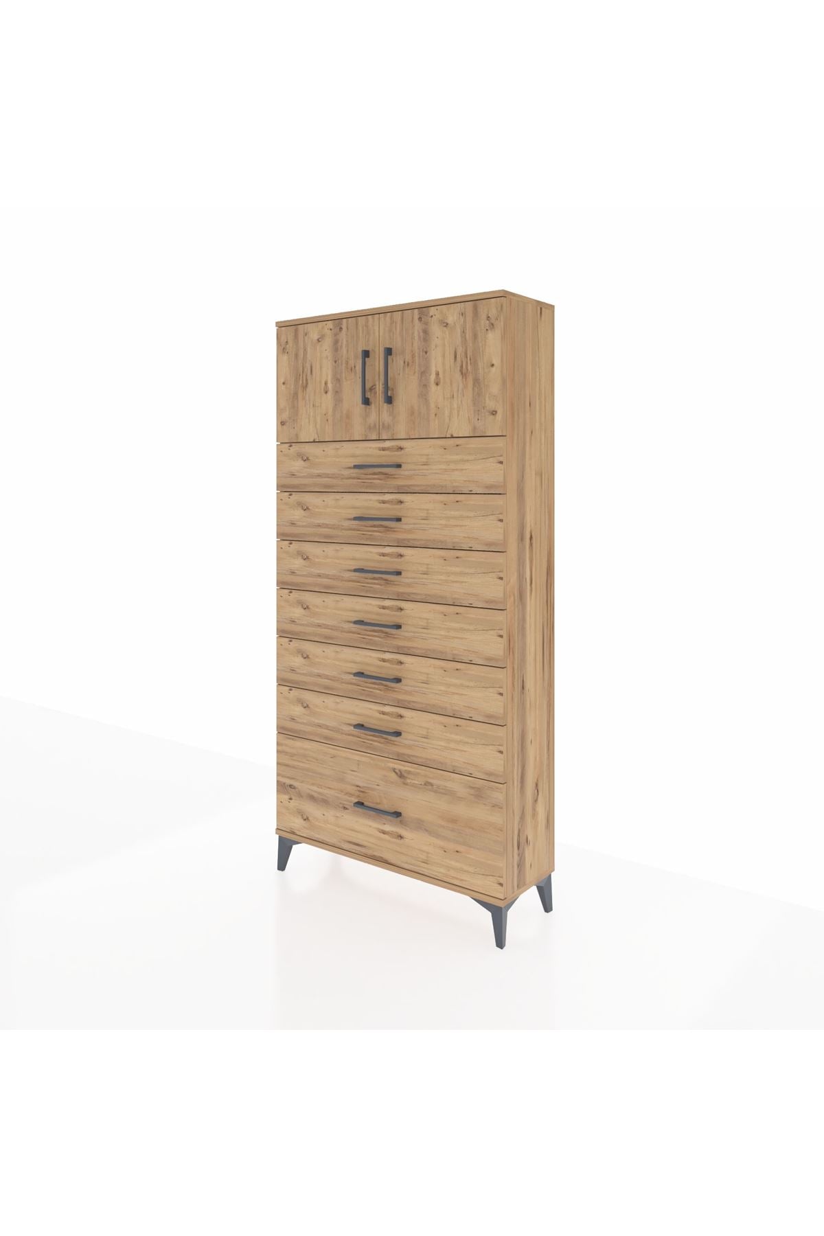 Arges Dolap Tek Raflı 7 Çekmeceli 2 Kapaklı 88x30x182 Çam-Çam