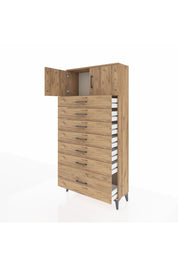 Arges Dolap Tek Raflı 7 Çekmeceli 2 Kapaklı 88x30x182 Çam-Çam