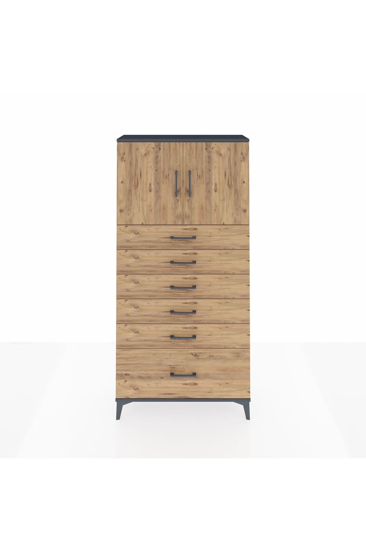 Arges Dolap 2 Raflı 6 Çekmeceli 2 Kapaklı 88x30x182 Antrasit-Çam