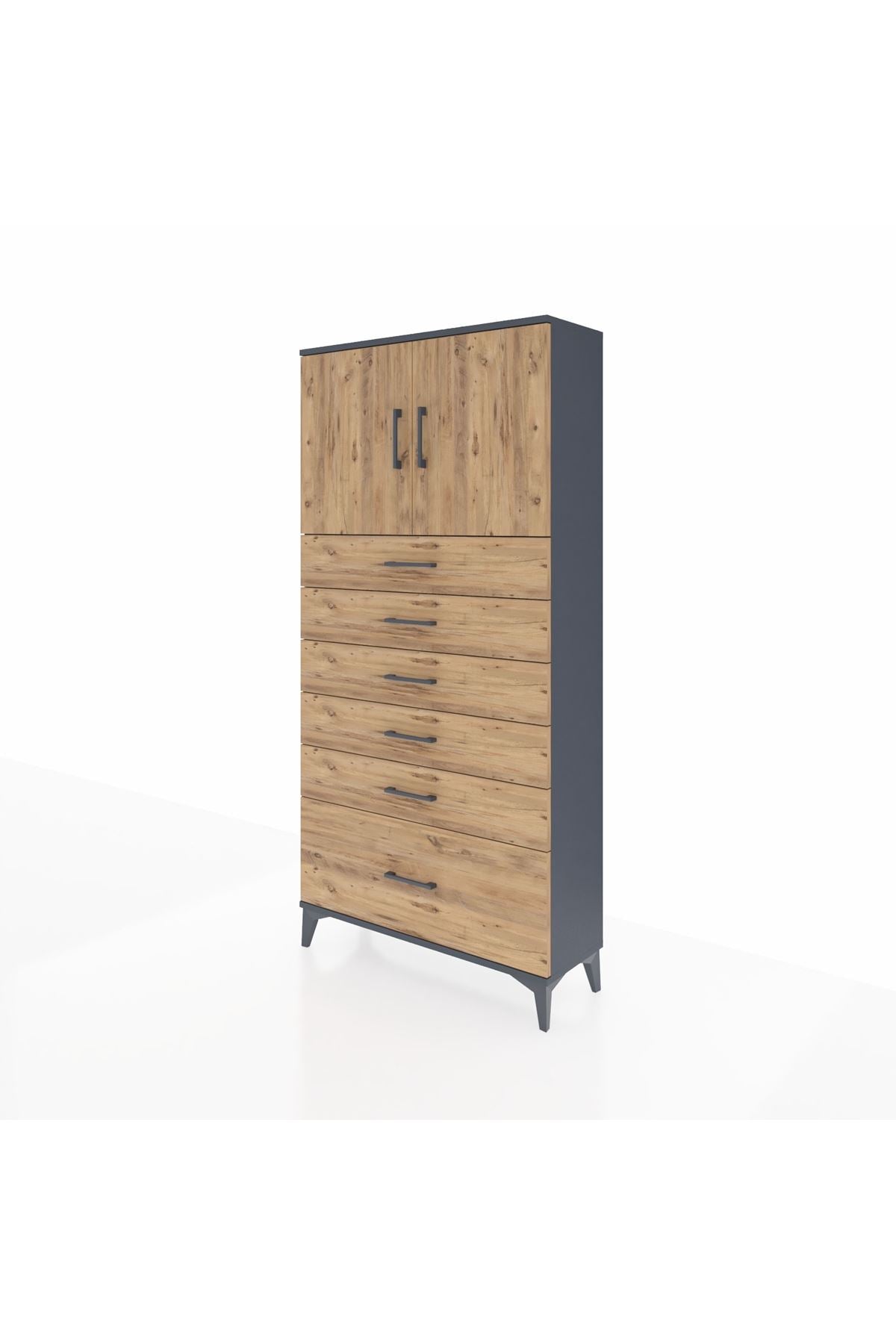 Arges Dolap 2 Raflı 6 Çekmeceli 2 Kapaklı 88x30x182 Antrasit-Çam