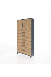 Arges Dolap 2 Raflı 6 Çekmeceli 2 Kapaklı 88x30x182 Antrasit-Çam