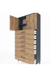 Arges Dolap 2 Raflı 6 Çekmeceli 2 Kapaklı 88x30x182 Antrasit-Çam