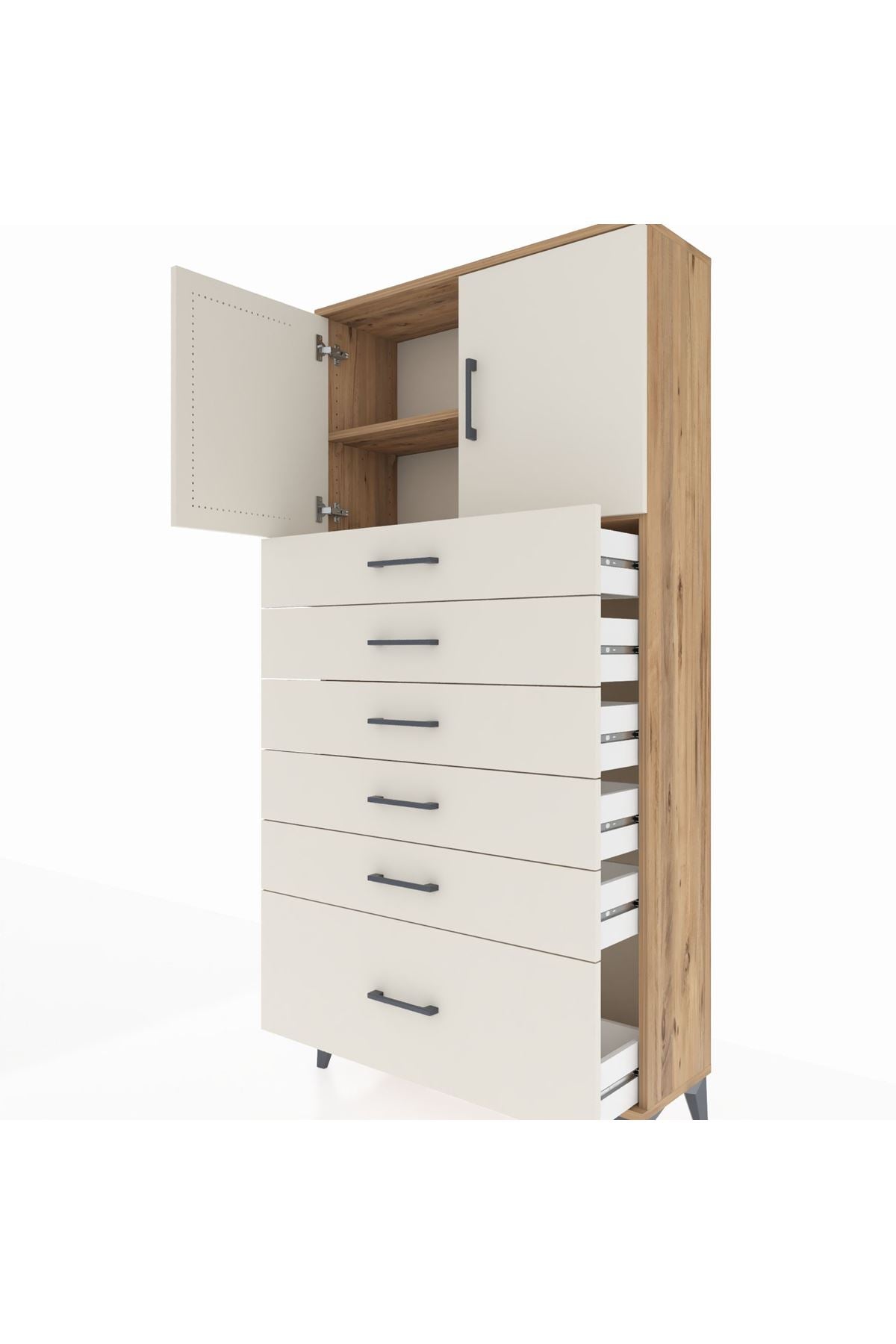 Arges Dolap 2 Raflı 6 Çekmeceli 2 Kapaklı 88x30x182 Çam-Aytaşı