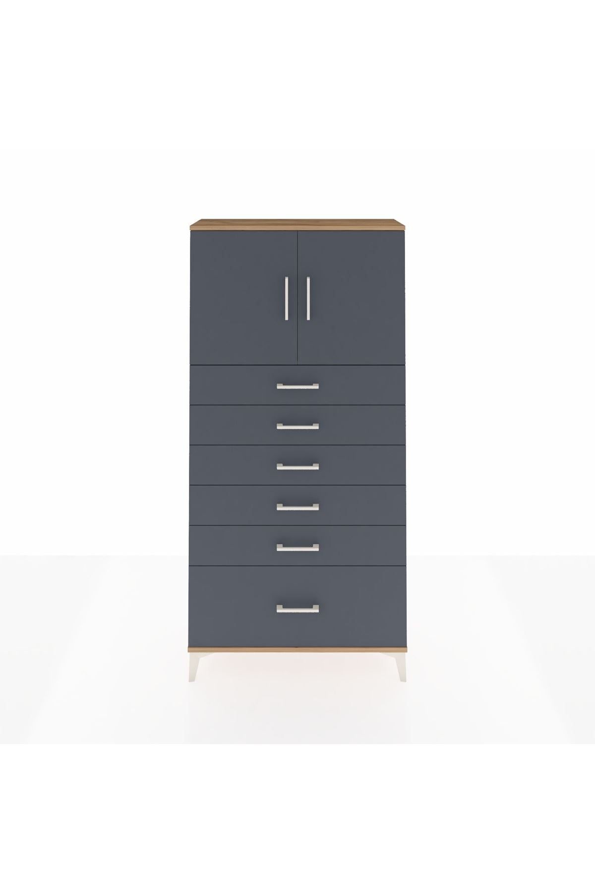 Arges Dolap 2 Raflı 6 Çekmeceli 2 Kapaklı 88x30x182 Çam-Antrasit