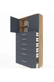 Arges Dolap 2 Raflı 6 Çekmeceli 2 Kapaklı 88x30x182 Çam-Antrasit