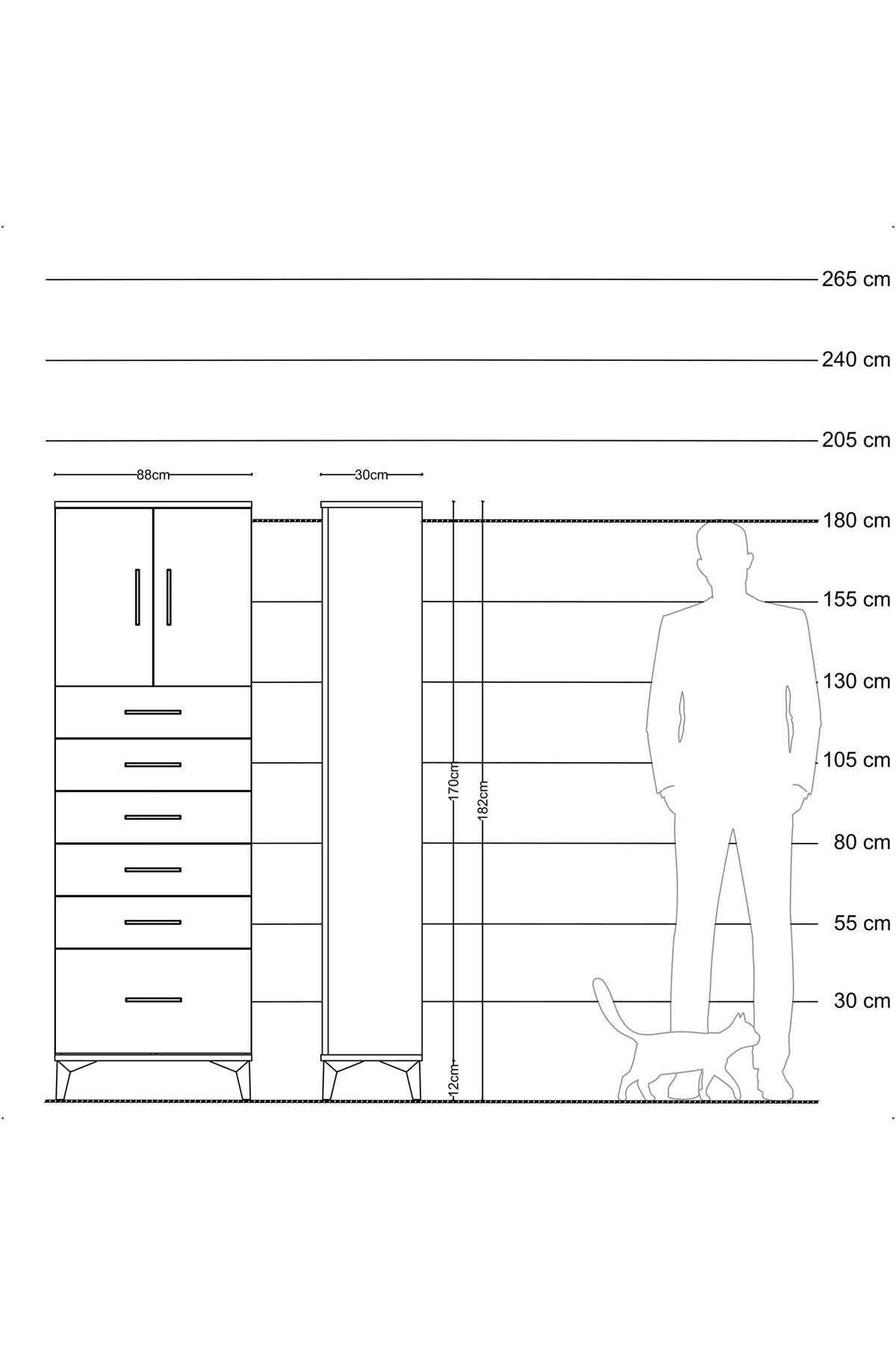 Arges Dolap 2 Raflı 6 Çekmeceli 2 Kapaklı 88x30x182 Çam-Antrasit