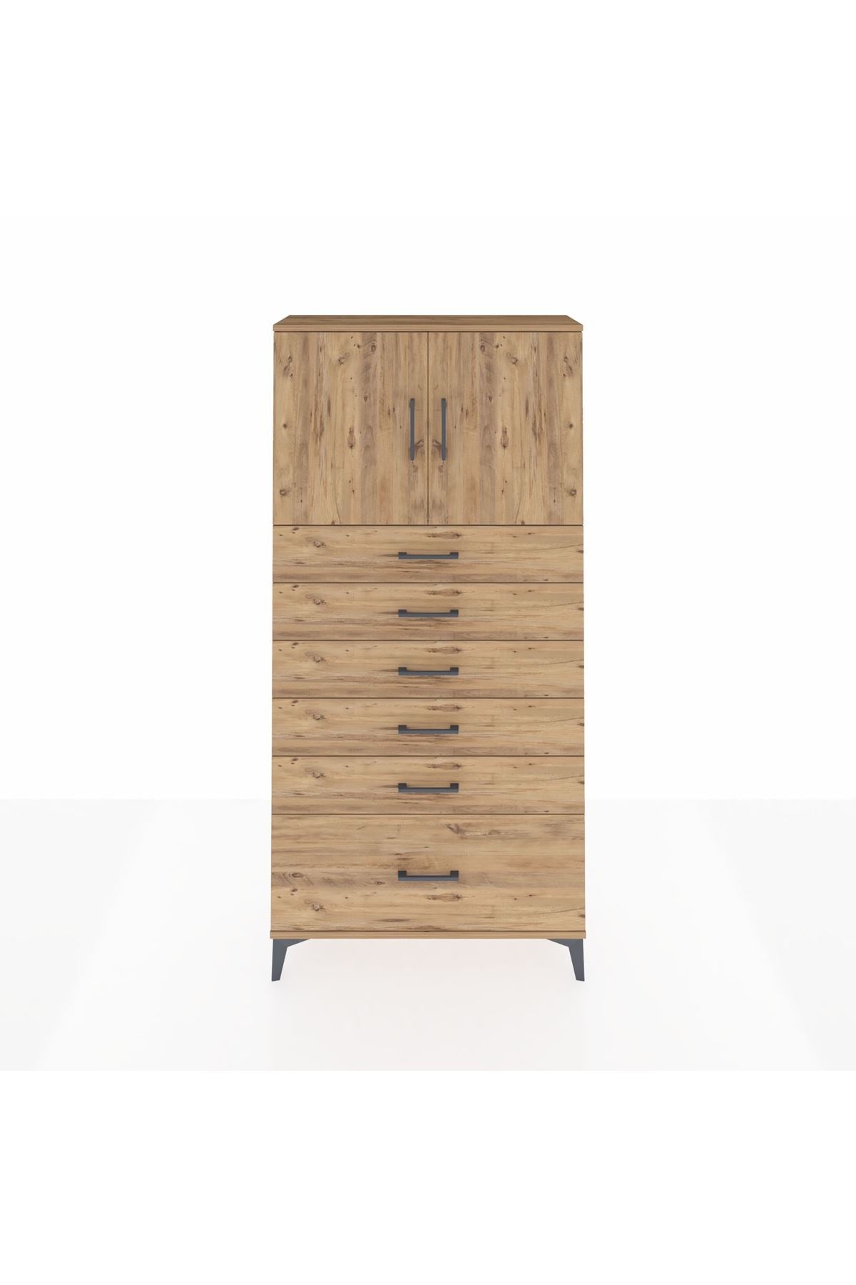 Arges Dolap 2 Raflı 6 Çekmeceli 2 Kapaklı 88x30x182 Çam-Çam