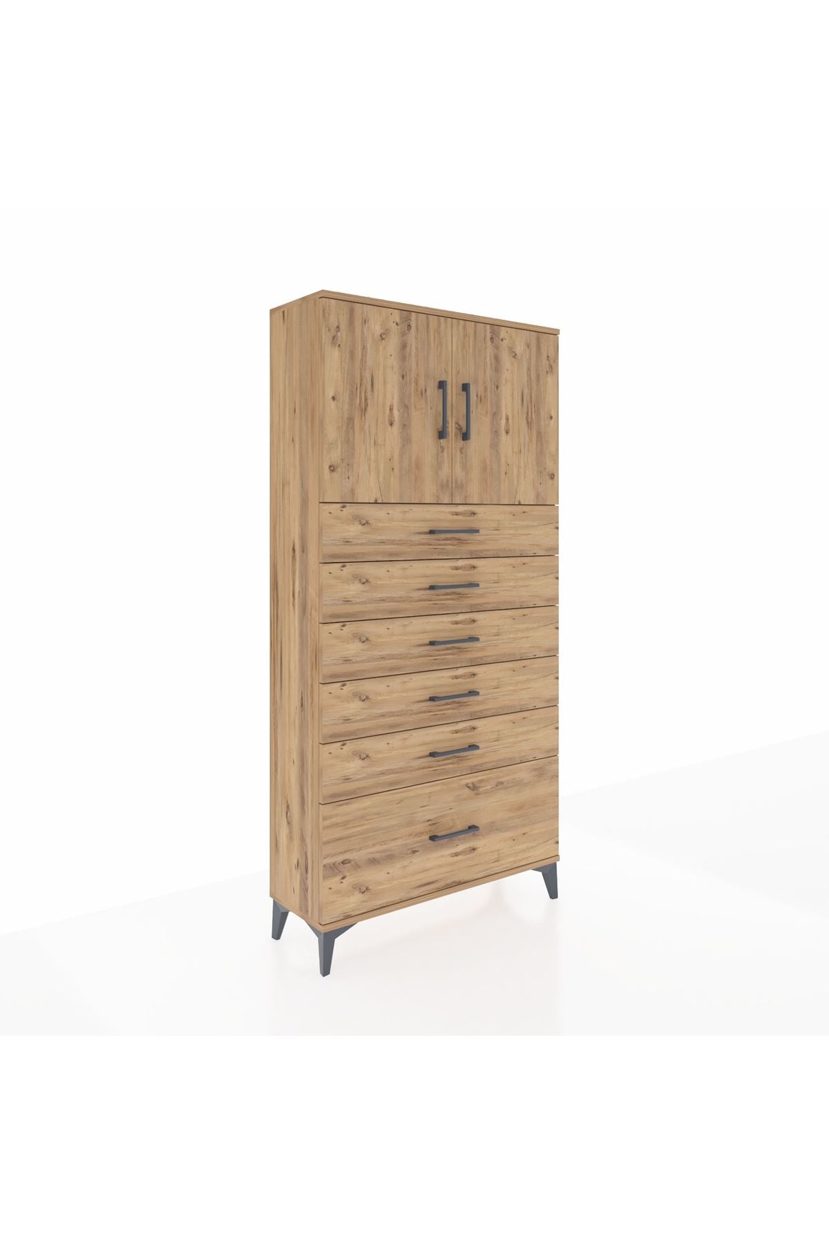 Arges Dolap 2 Raflı 6 Çekmeceli 2 Kapaklı 88x30x182 Çam-Çam