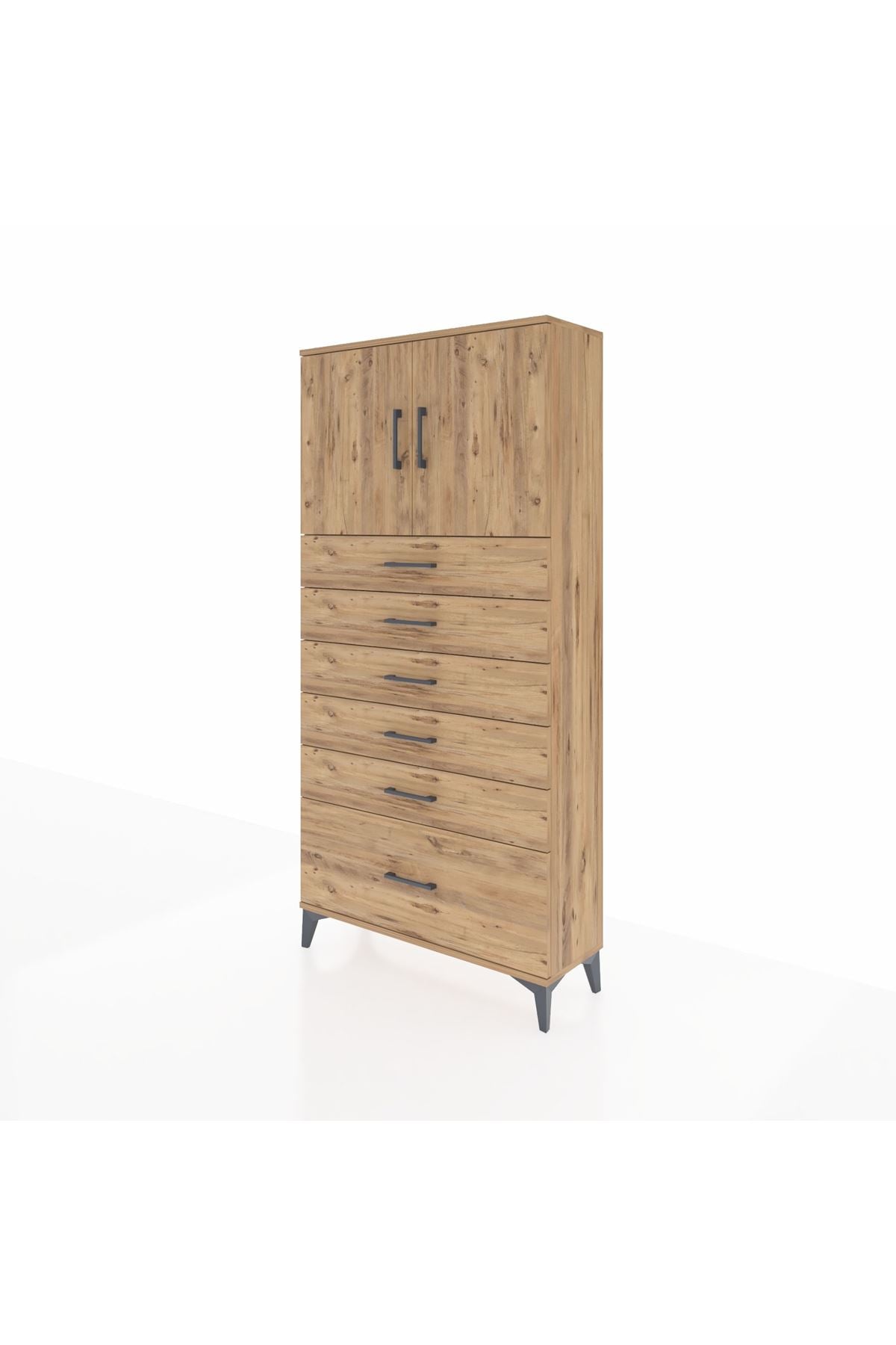 Arges Dolap 2 Raflı 6 Çekmeceli 2 Kapaklı 88x30x182 Çam-Çam