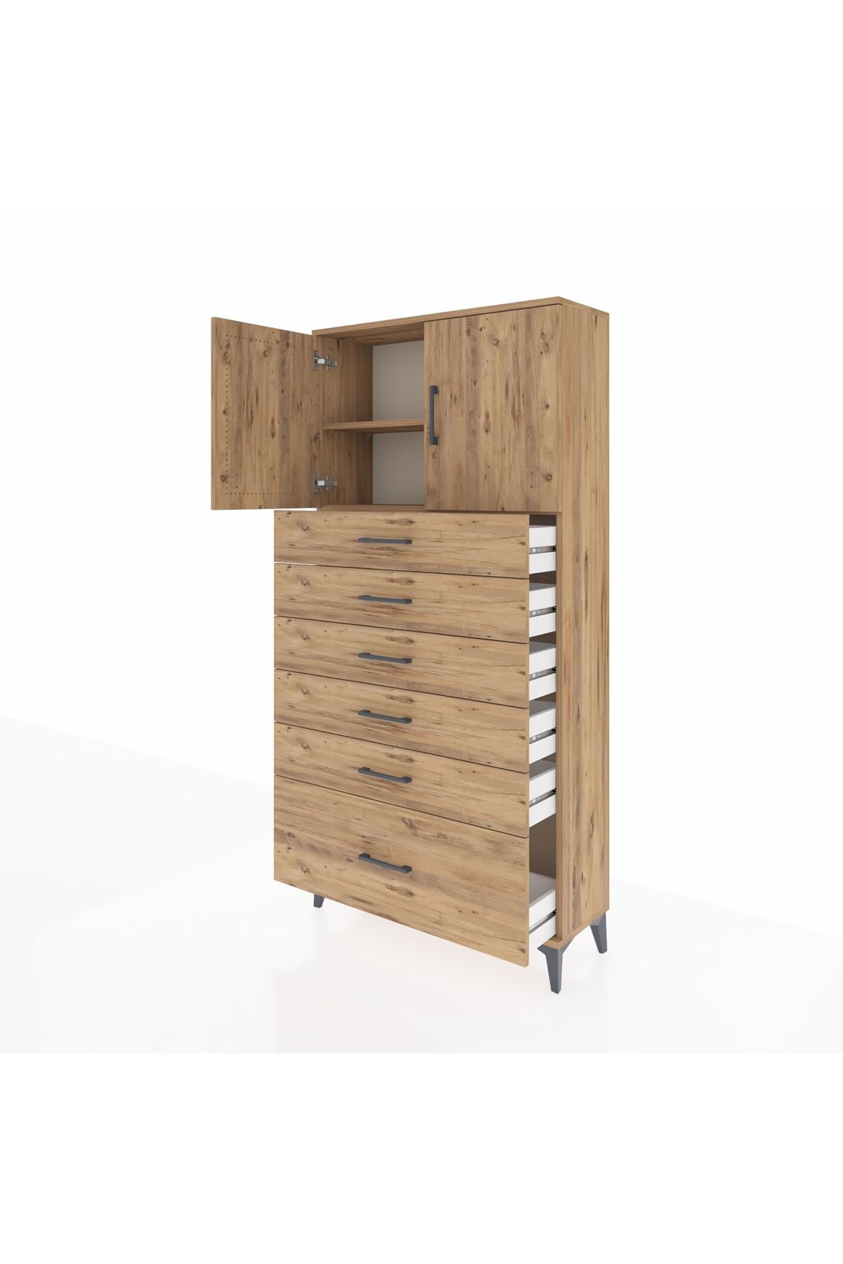 Arges Dolap 2 Raflı 6 Çekmeceli 2 Kapaklı 88x30x182 Çam-Çam