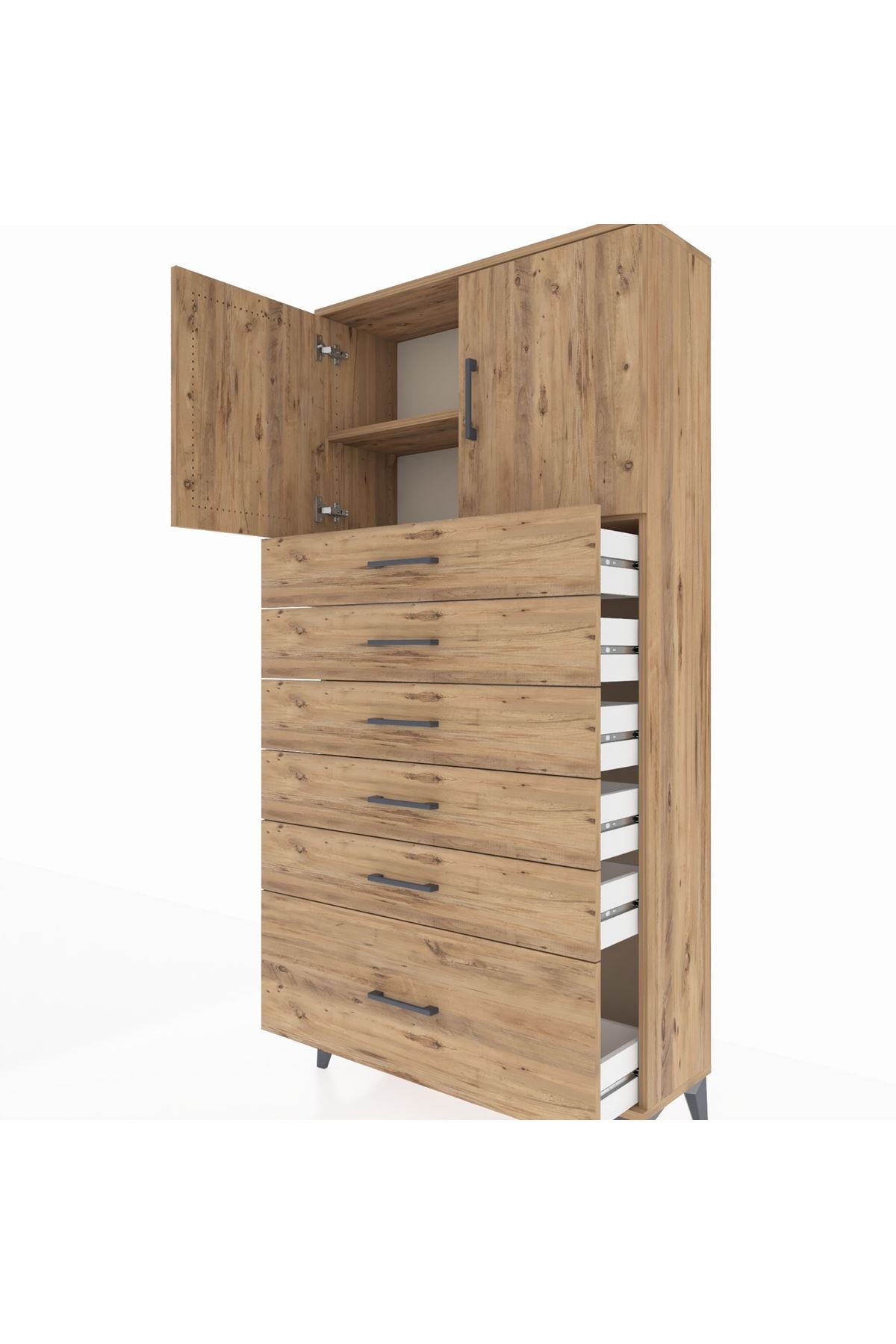 Arges Dolap 2 Raflı 6 Çekmeceli 2 Kapaklı 88x30x182 Çam-Çam