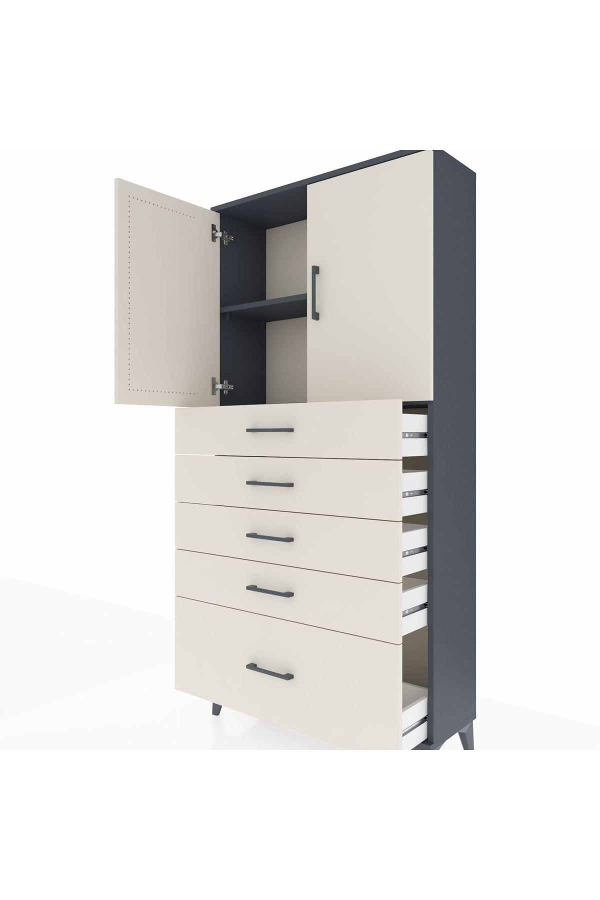 Arges Dolap 2 Raflı 5 Çekmeceli 2 Kapaklı 88x30x182 Antrasit-Aytaşı