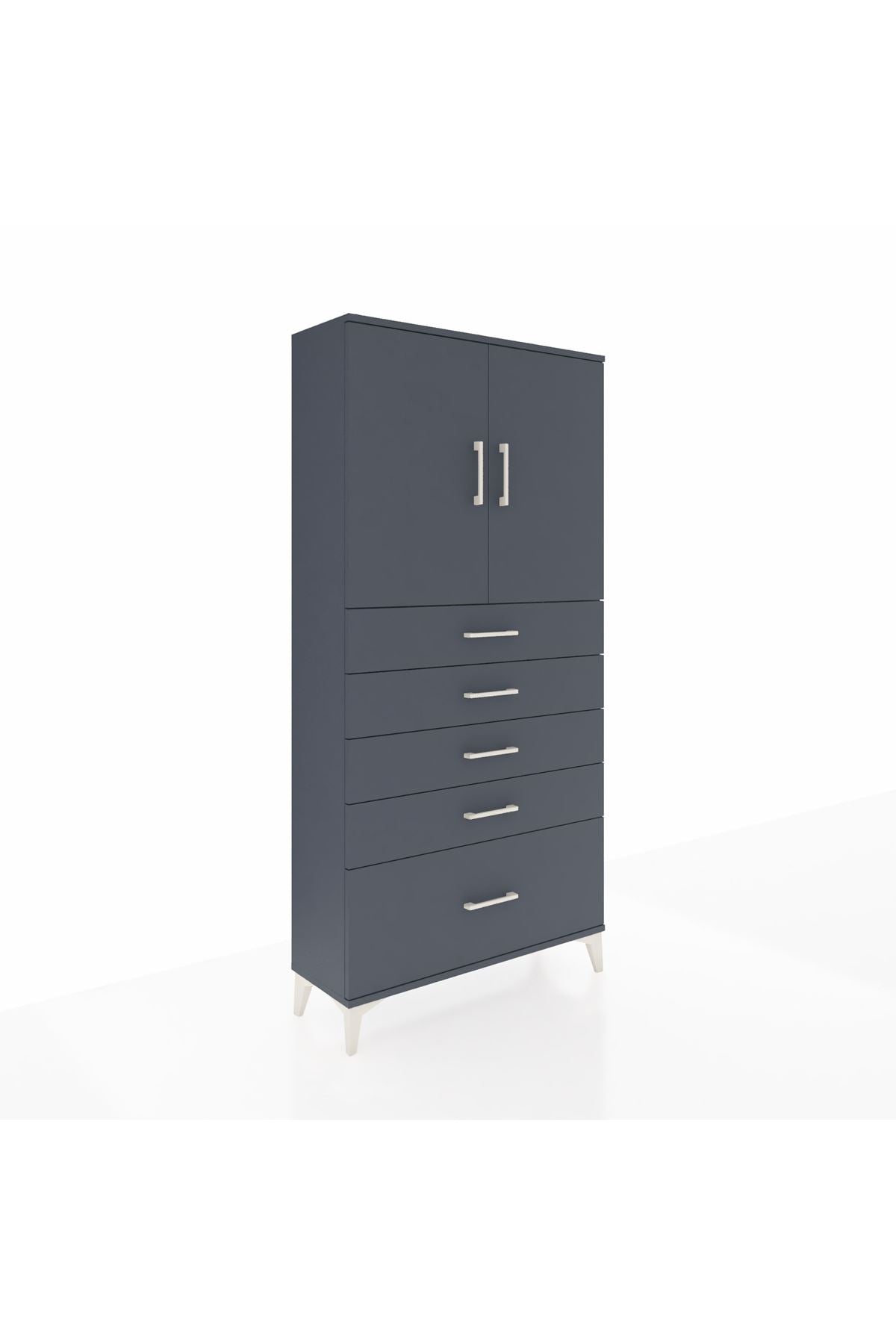 Arges Dolap 2 Raflı 5 Çekmeceli 2 Kapaklı 88x30x182 Antrasit-Antrasit