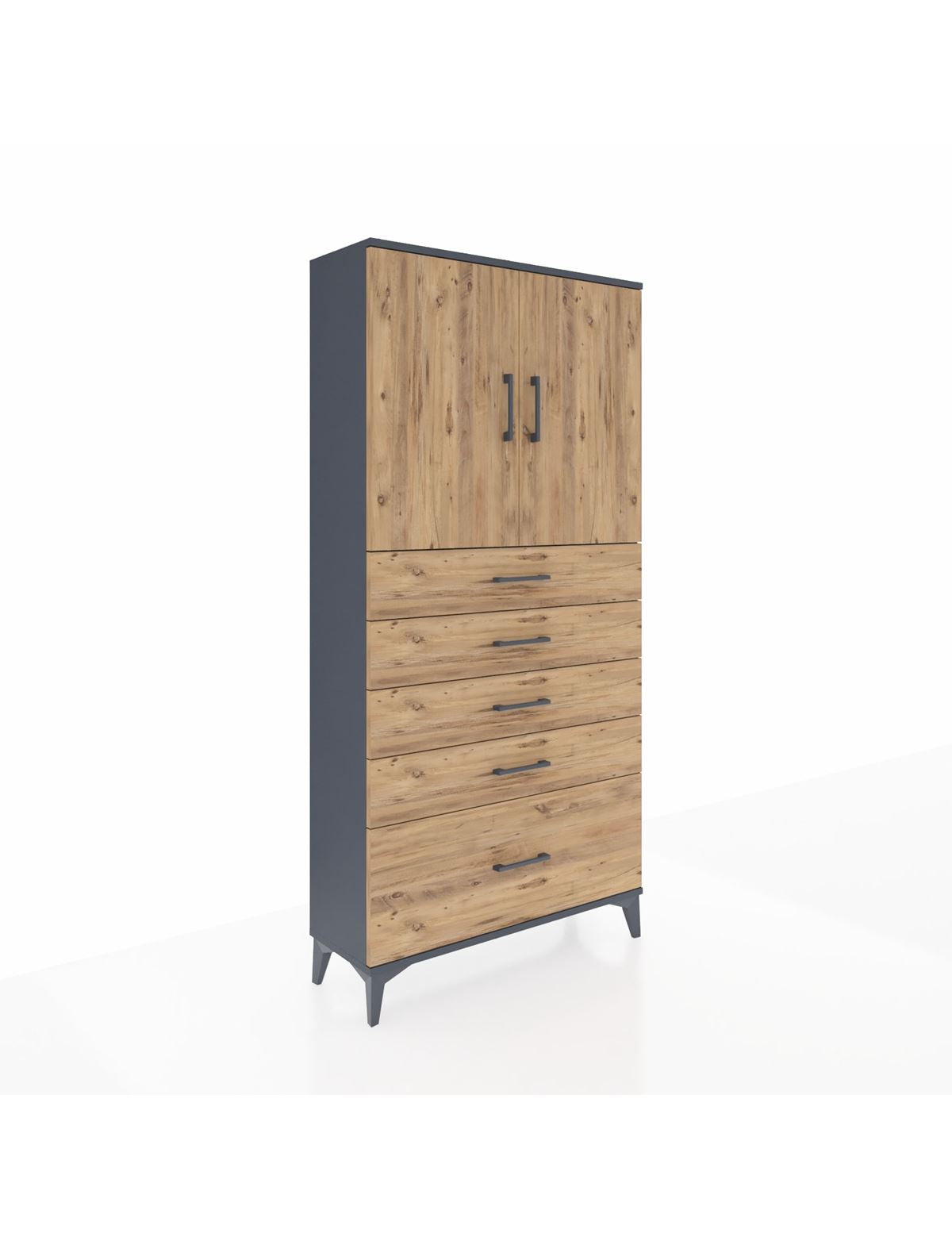 Arges Dolap 2 Raflı 5 Çekmeceli 2 Kapaklı 88x30x182 Antrasit-Çam