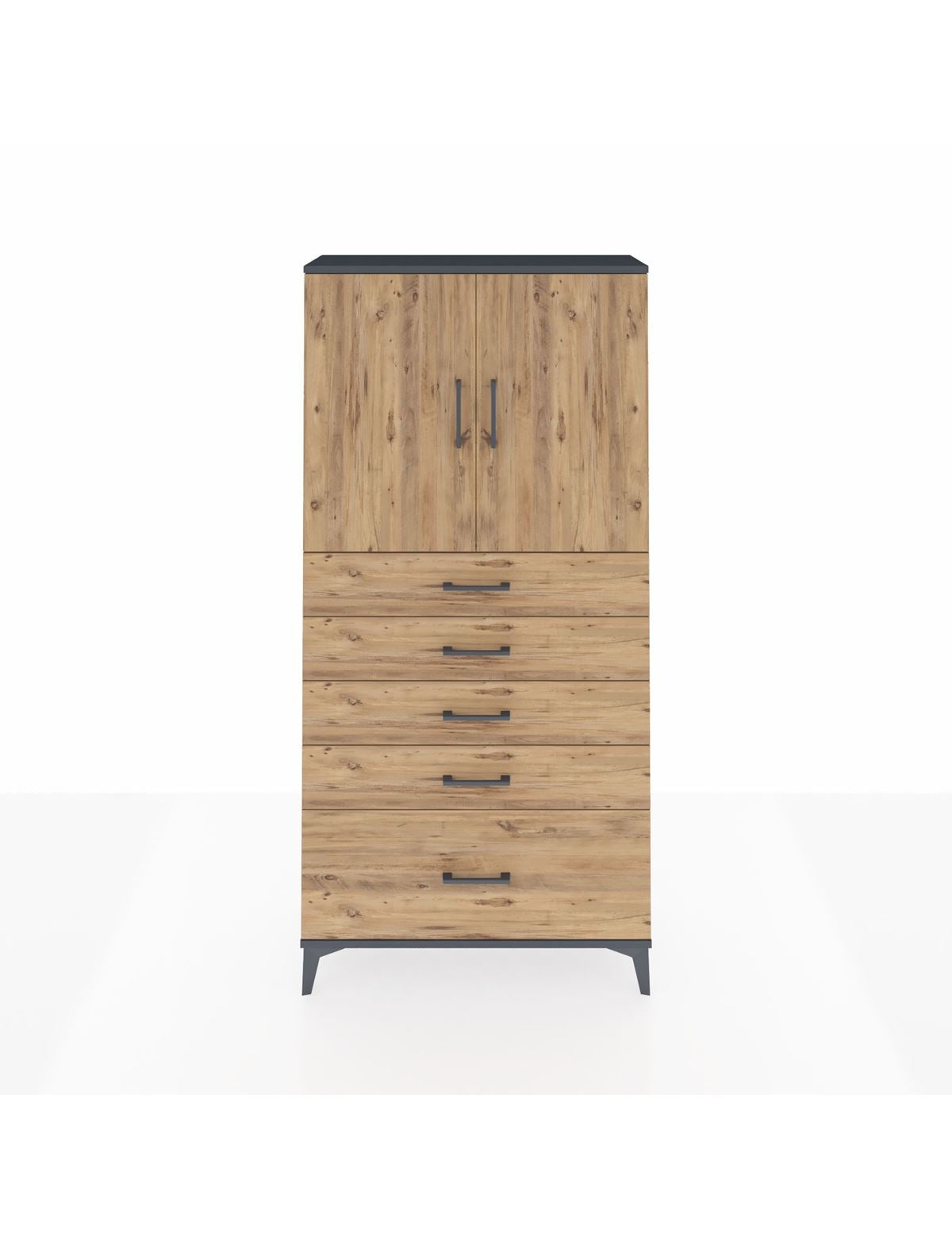 Arges Dolap 2 Raflı 5 Çekmeceli 2 Kapaklı 88x30x182 Antrasit-Çam