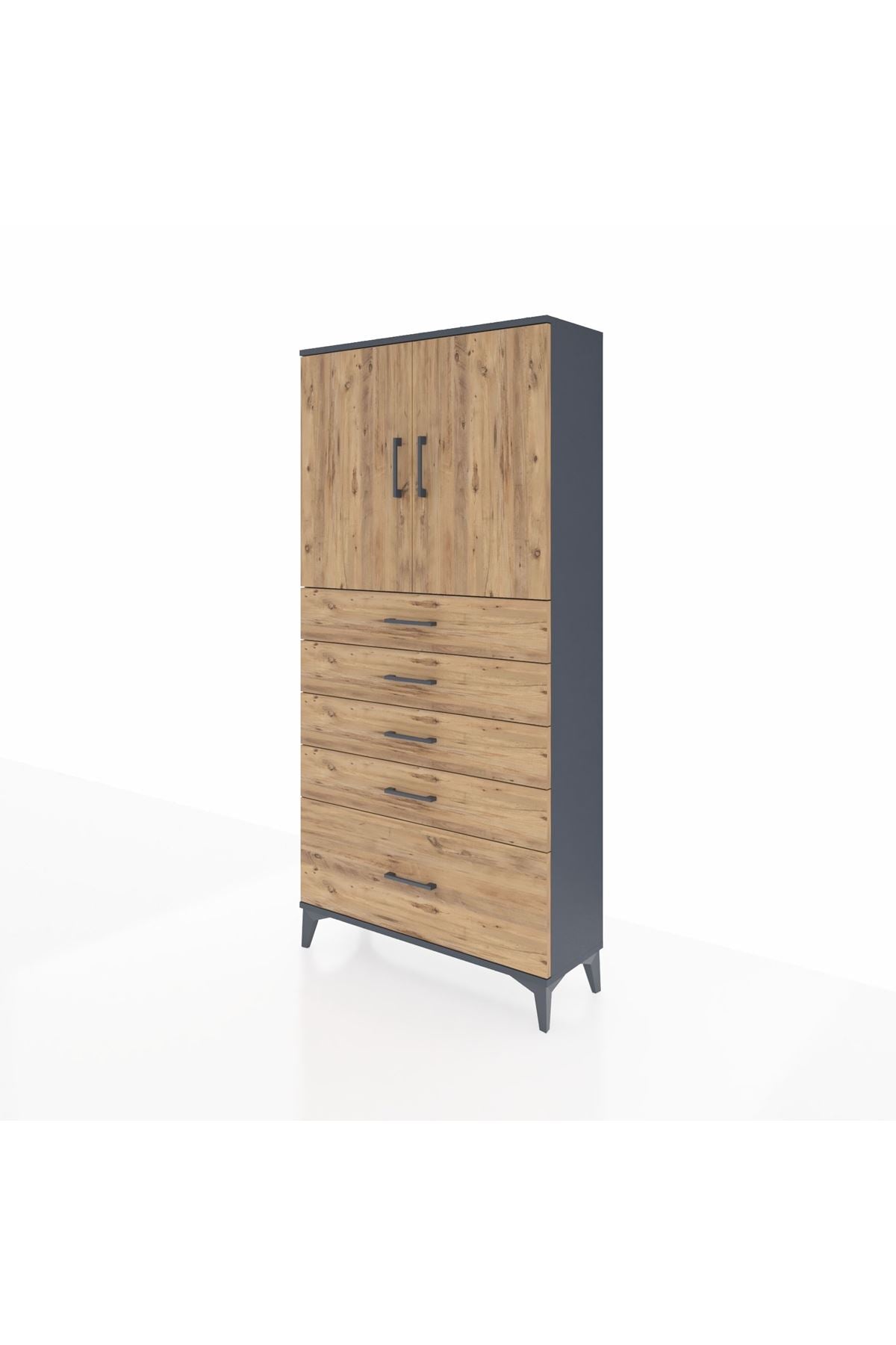 Arges Dolap 2 Raflı 5 Çekmeceli 2 Kapaklı 88x30x182 Antrasit-Çam