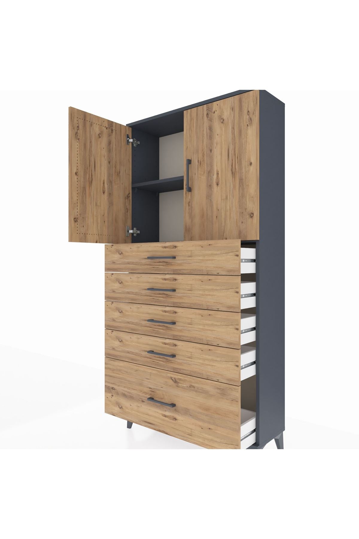 Arges Dolap 2 Raflı 5 Çekmeceli 2 Kapaklı 88x30x182 Antrasit-Çam