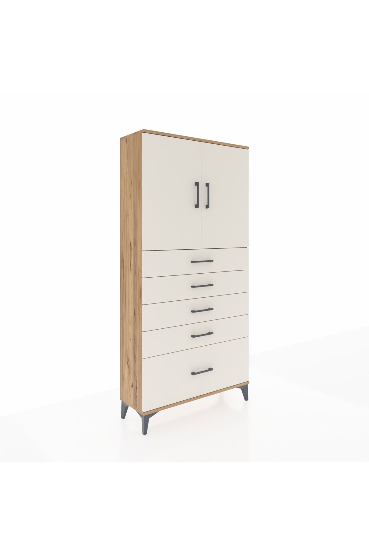 Arges Dolap 2 Raflı 5 Çekmeceli 2 Kapaklı 88x30x182 Çam-Aytaşı