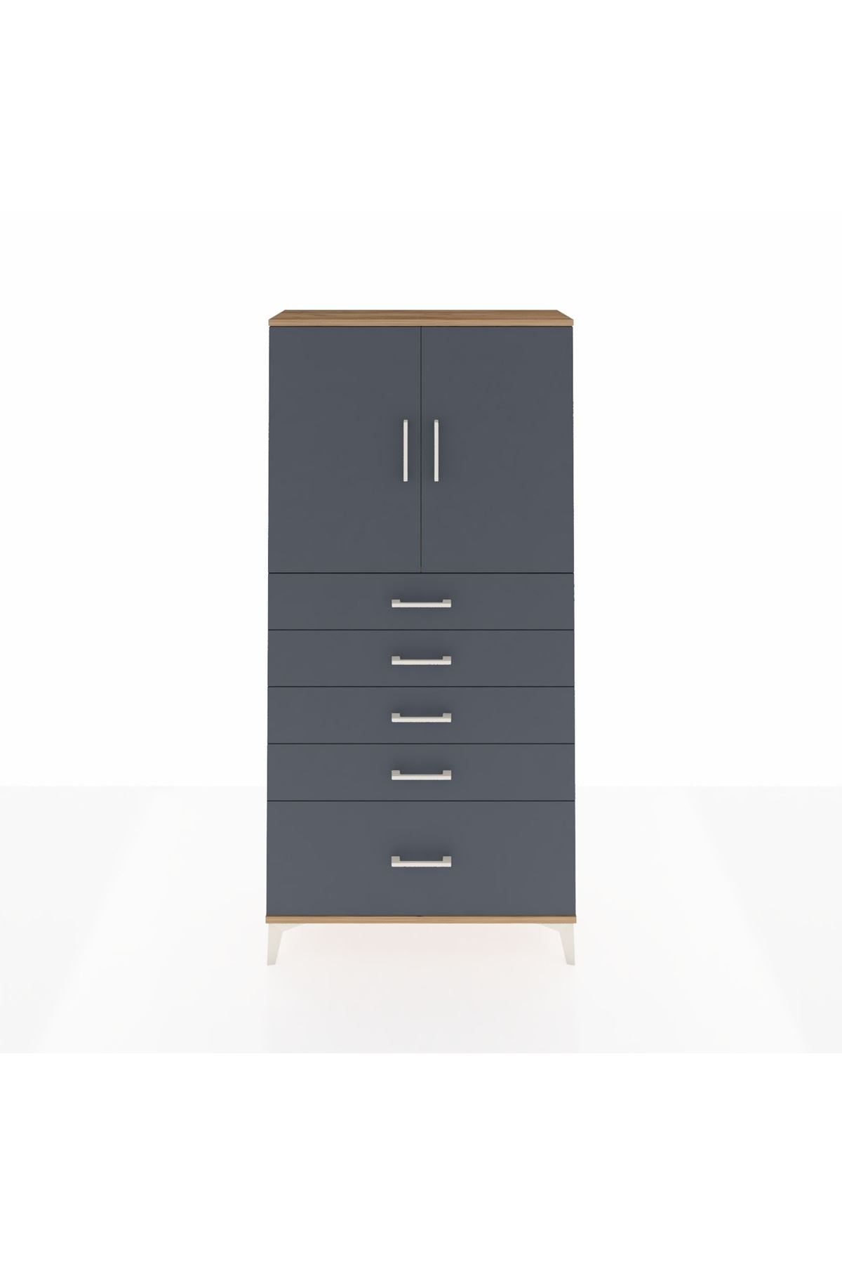 Arges Dolap 2 Raflı 5 Çekmeceli 2 Kapaklı 88x30x182 Çam-Antrasit