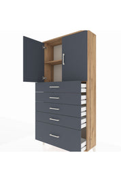Arges Dolap 2 Raflı 5 Çekmeceli 2 Kapaklı 88x30x182 Çam-Antrasit