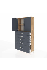 Arges Dolap 2 Raflı 5 Çekmeceli 2 Kapaklı 88x30x182 Çam-Antrasit