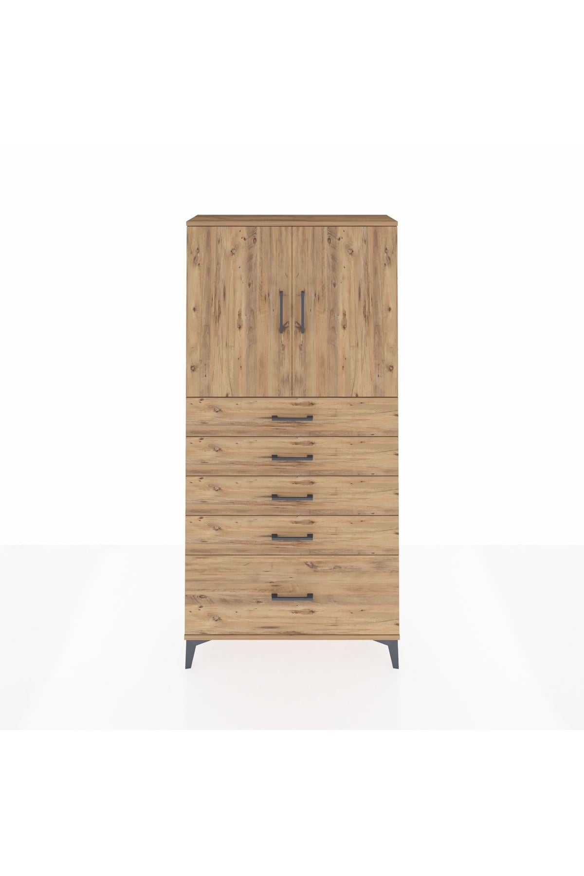 Arges Dolap 2 Raflı 5 Çekmeceli 2 Kapaklı 88x30x182 Çam-Çam